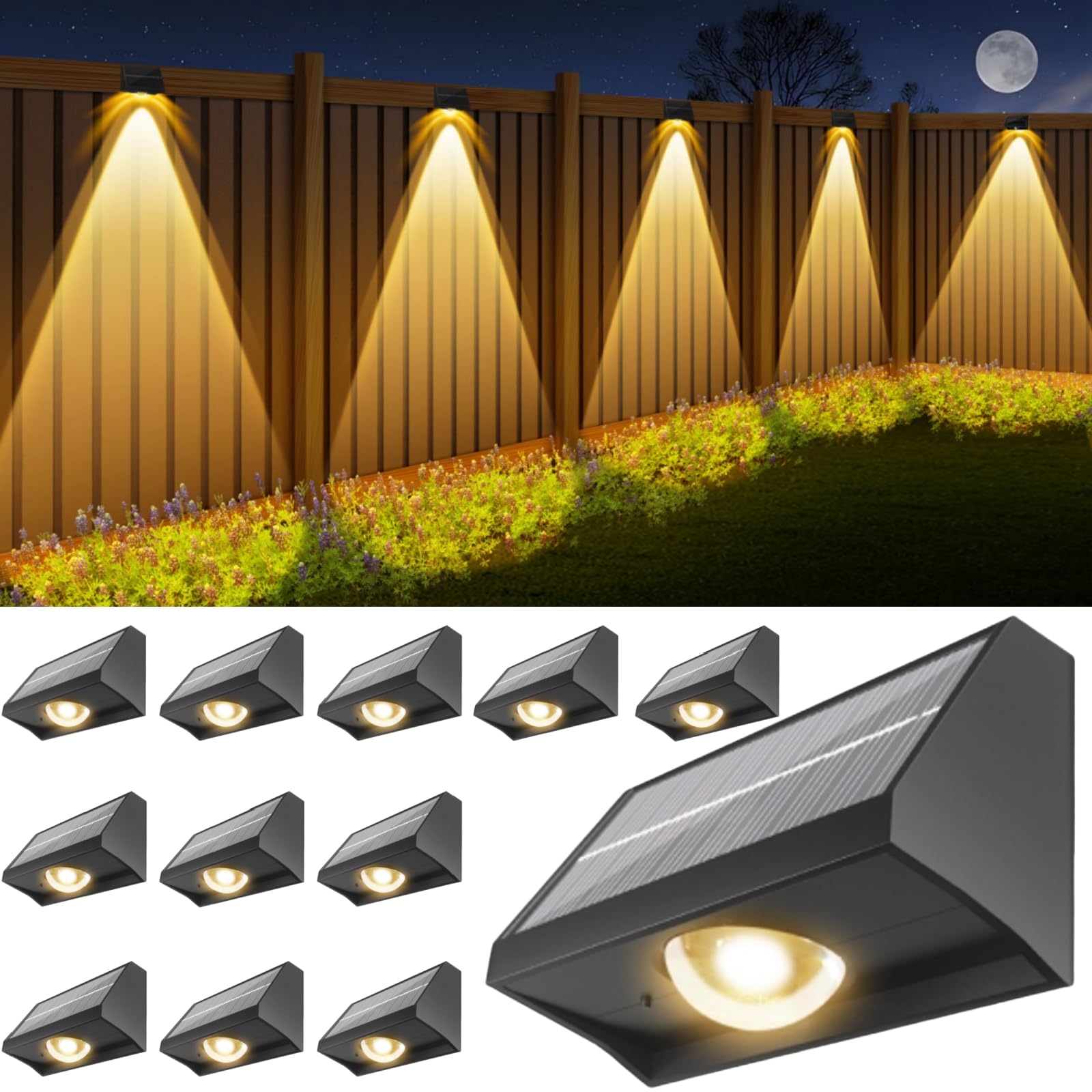 SenLuKit Solar Fence Lights, Waterproof LED, 7 Modes, 12 Pack, Black, SFL - 12, for Outdoor Patio, Deck, and Backyard