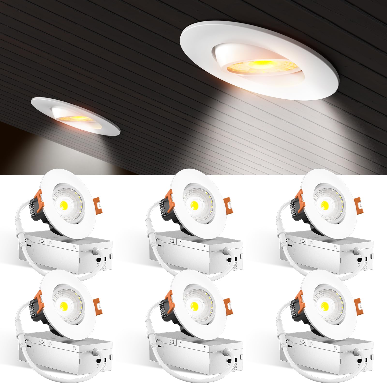 Amico 3 Inch 6 Pack 5CCT Eyeball LED Recessed Lighting, 360 Adjustable Rotation Gimbal Directional Downlight, Dimmable, 2700K/30