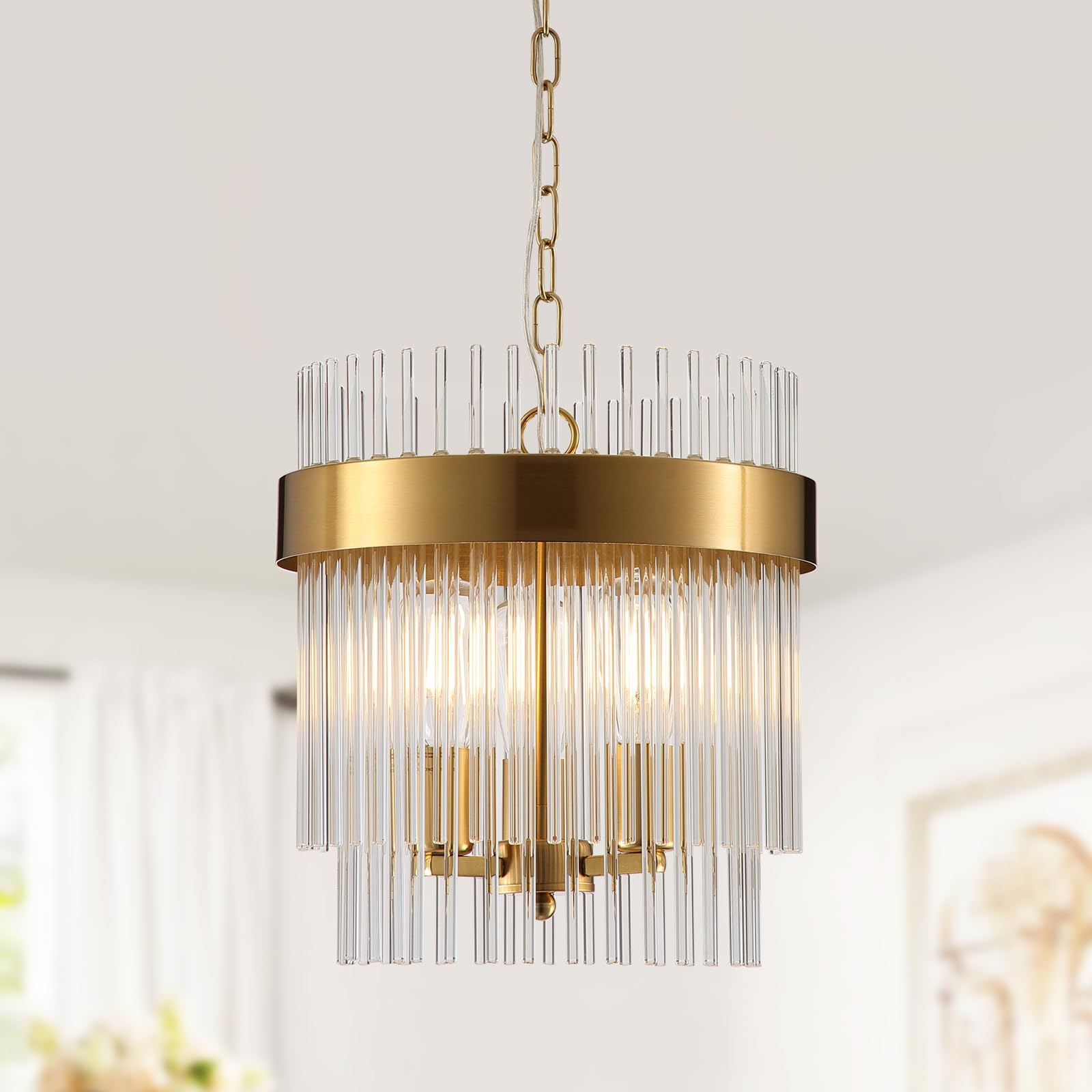 Dijiahua 3-Light Gold Pendant Lights Kitchen Island  2-Tiers Crystal Pendant Light Fixtures Over Table  12.6Dia Brass Dining Room Glam Chandelier Modern Adjustable Cord Hanging Lamp for Bedroom