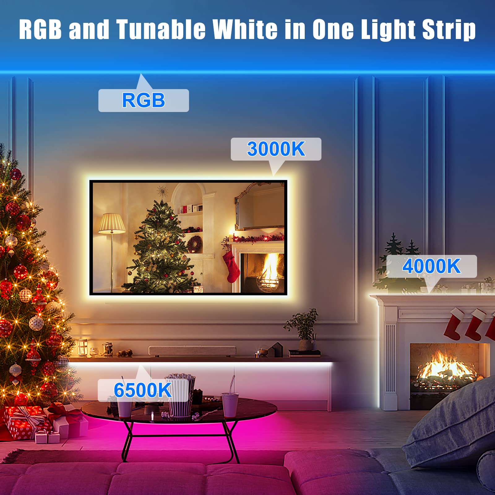 Tatazone Rgbww Smart Led Strip Lights, 65.6Ft Tunable White 3000K To 6500K+Rgb Wifi Led Lights Work With Alexa Google, Music Syn