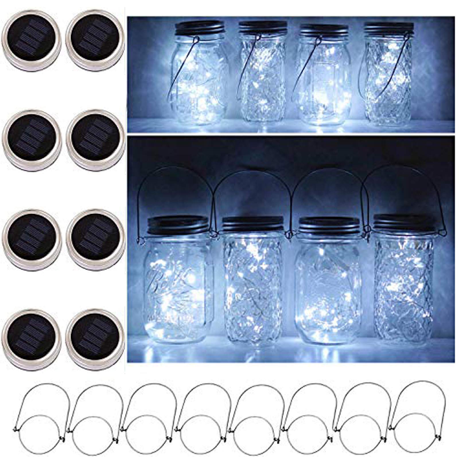8 Pack Solar Mason Jar Lids Lights, 20 LED Waterproof Fairy Firefly String Lights with 8 Hangers (Jars Not Included), for Weddin