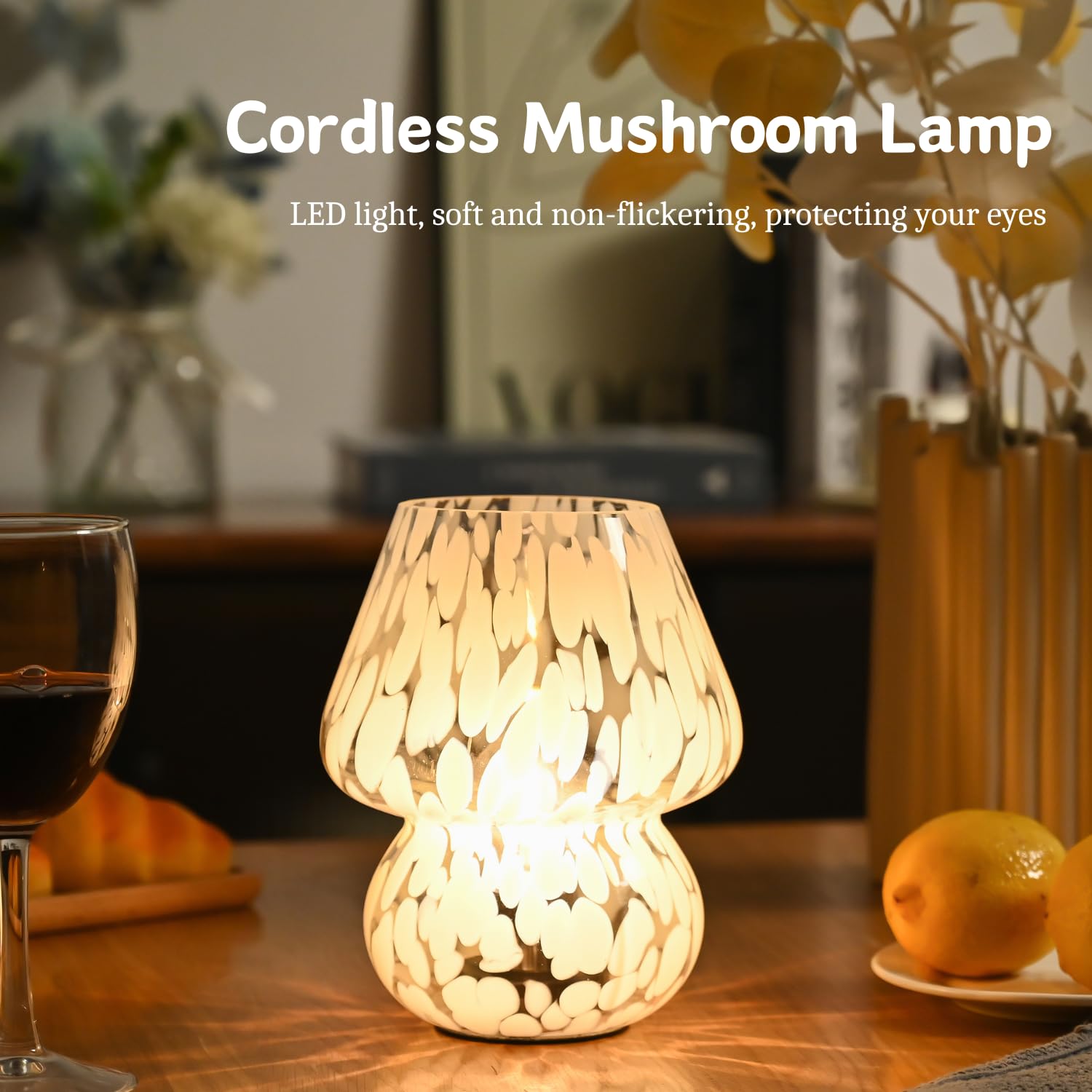 Aomoonoa Glass Mushroom Lamp, Small Mushroom Desk Lamps With Led Bulb For Kitchen Counter, Cozy Lamp For Bedroom Nightstand, Bat