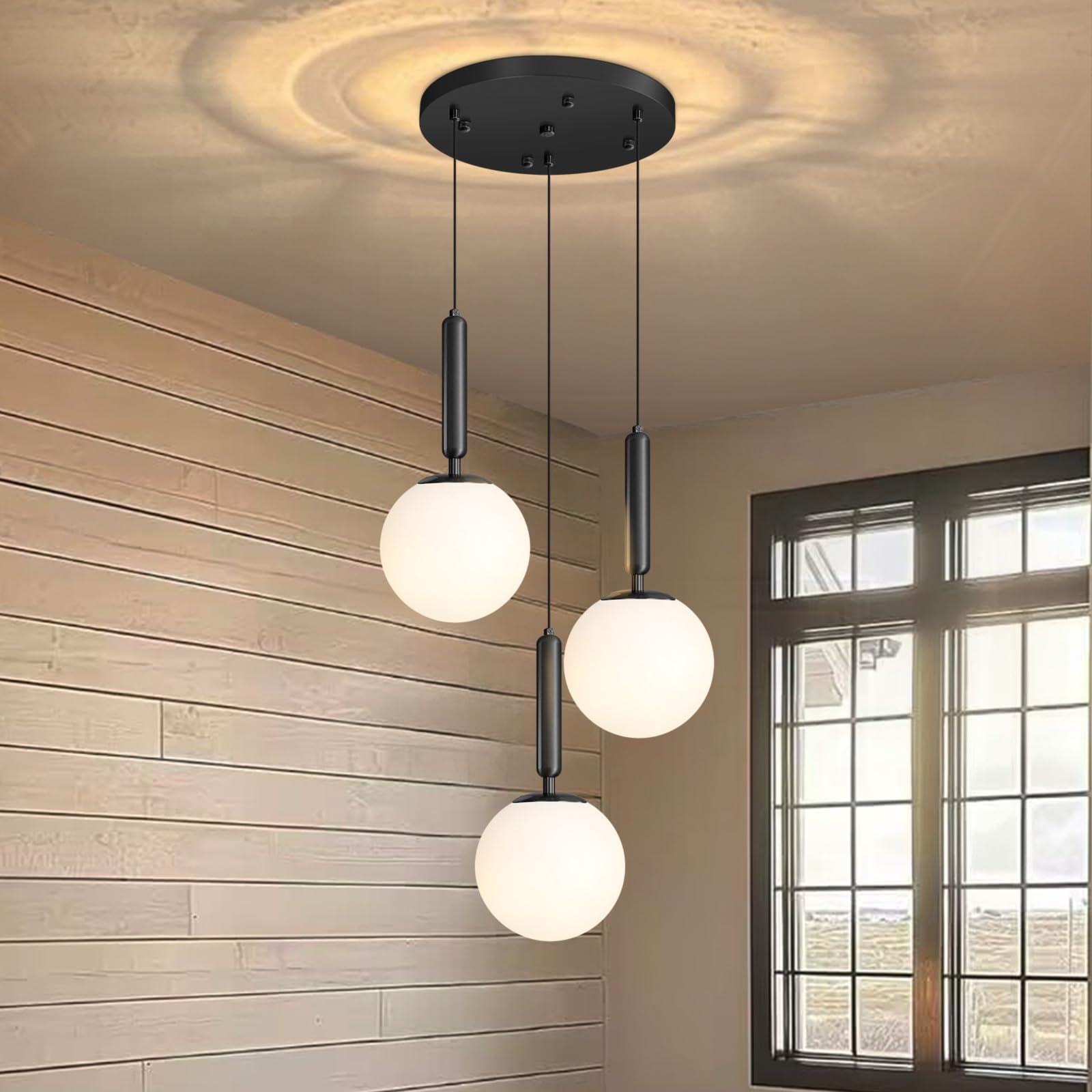 YLKP Modern White Glass Chandelier Cluster Pendants Lights for Kitchen Island Mid Century Globe Hanging Lighting Fixture Living Room Dining Room Bedroom E26 Bulbs Black