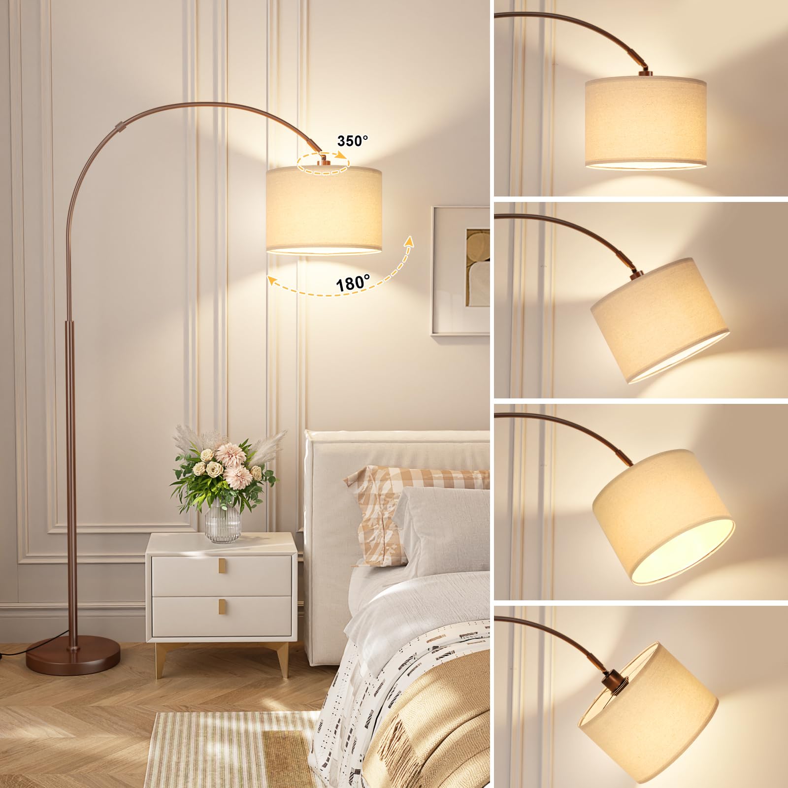 Ambimall Dimmable Arc Floor Lamp with Remote, Metal, 70.66in H x 27.95in W x 11in D, Deep Beige and Brown