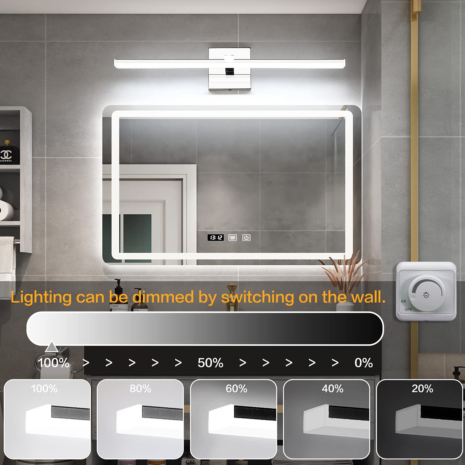 Zuzito 24&quot; Dimmable Bathroom Vanity Light, Modern Polished Chrome Led, 6000K Cool White