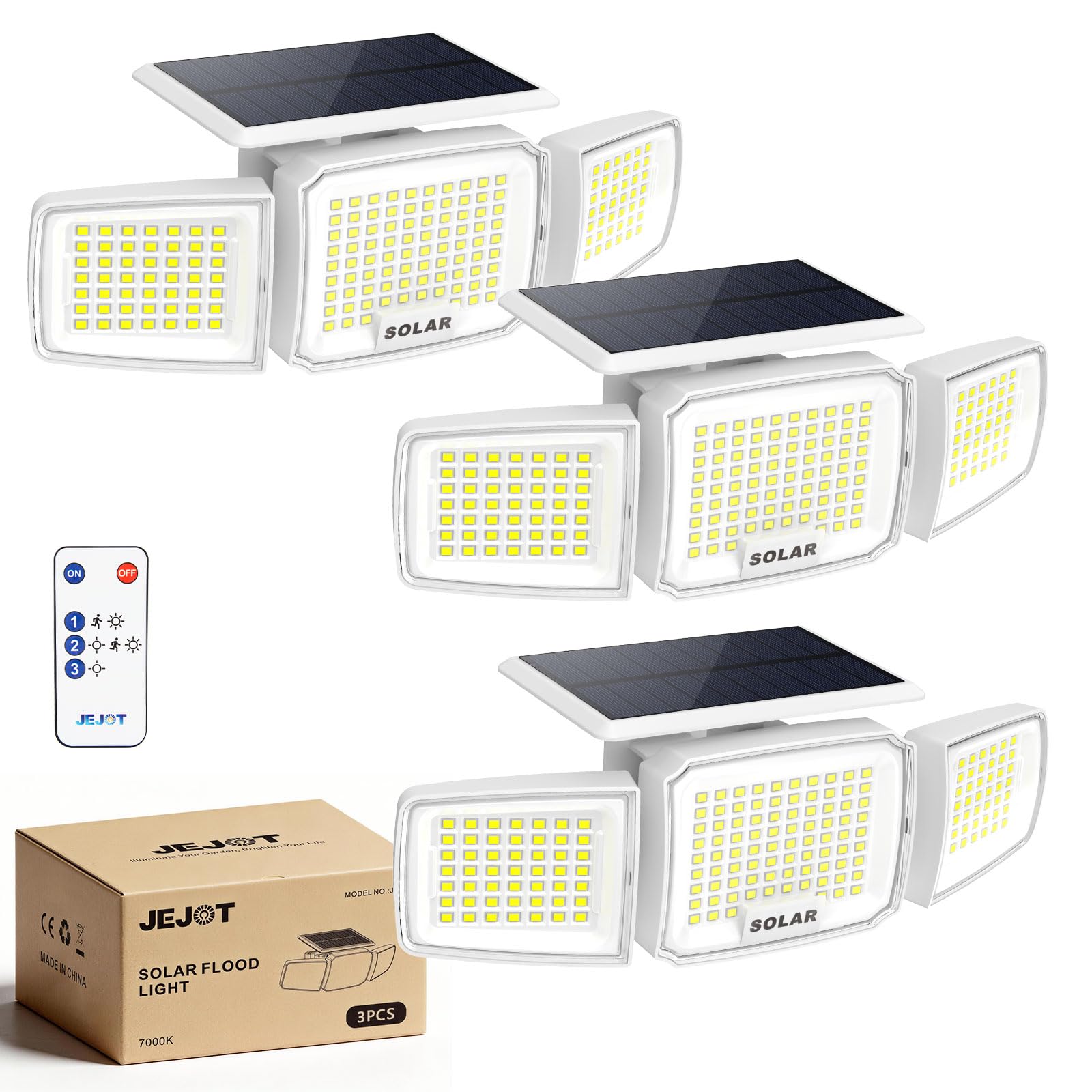 JEJOT White Solar Security Light Outdoor Super Bright LED  Motion Sensor Solar Flood Light  3 Heads 270 Wide Angle Remote Control  IP65 Waterproof  3 Modes (3 Packs)