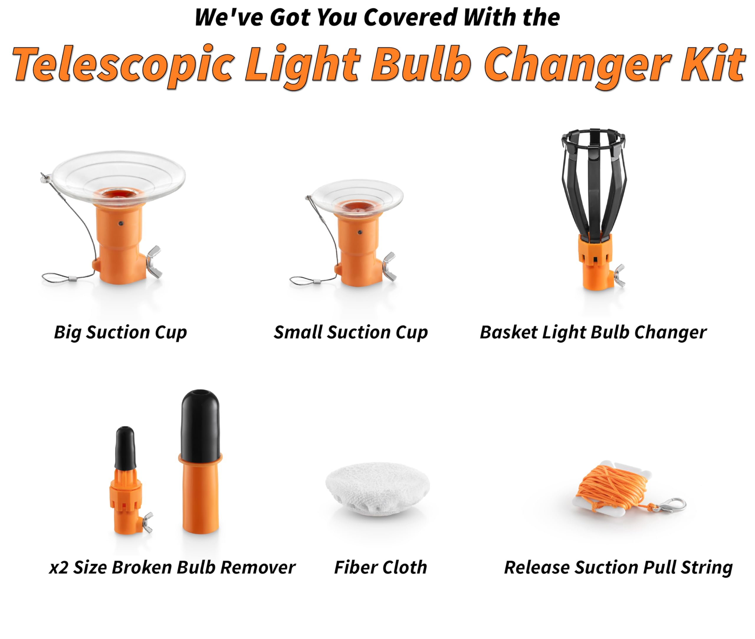 EXTEND-A-REACH 5-24 ft Telescopic Light Bulb Changer Tool - High Reach Remover Kit with Suction Cups, Basket, Microfiber Cloth, Black/Orange