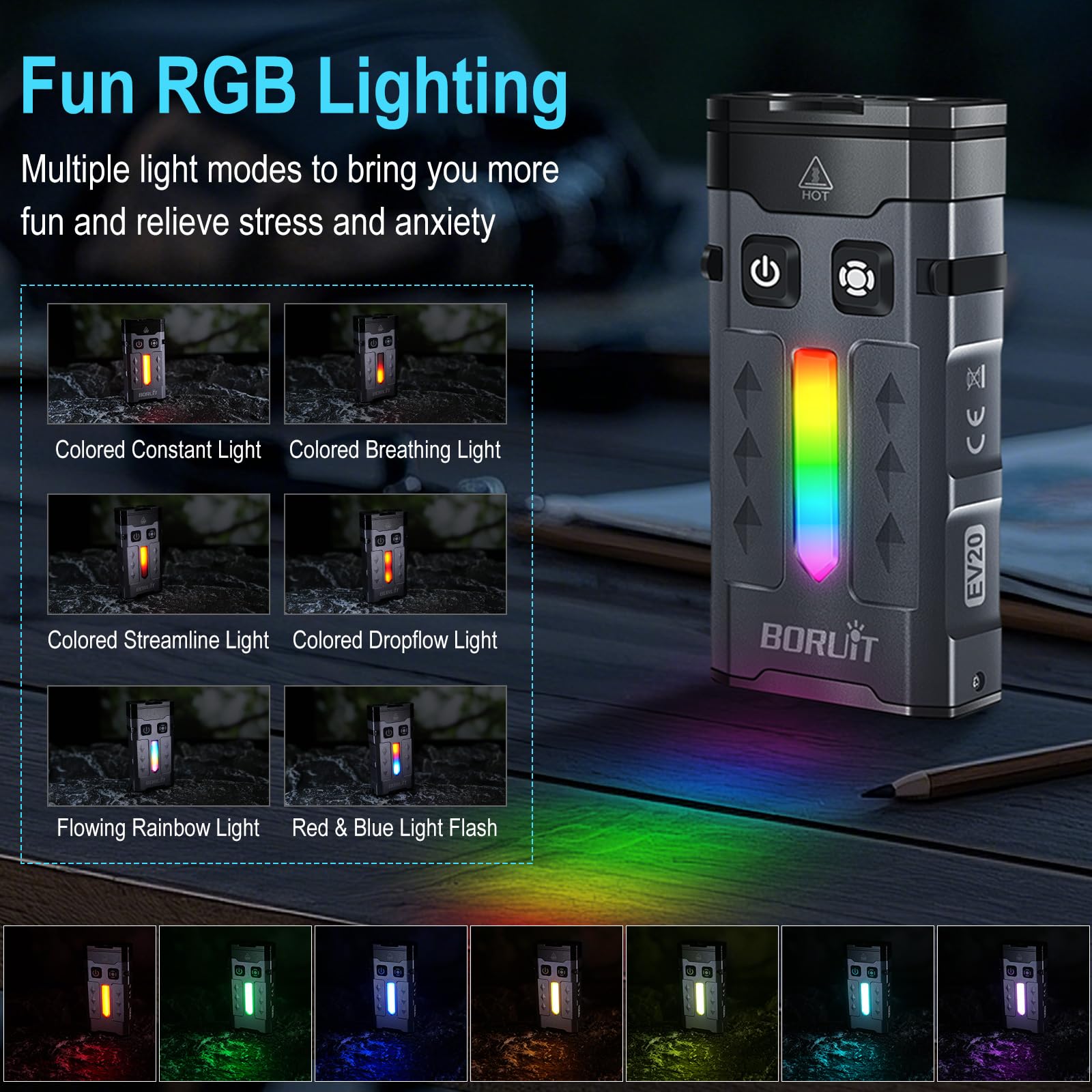 BORUIT EV20 LED Flashlight 1100 Lumen USB-C Rechargeable Black with UV Light & RGB Side Light, Waterproof, Compact EDC Keychain