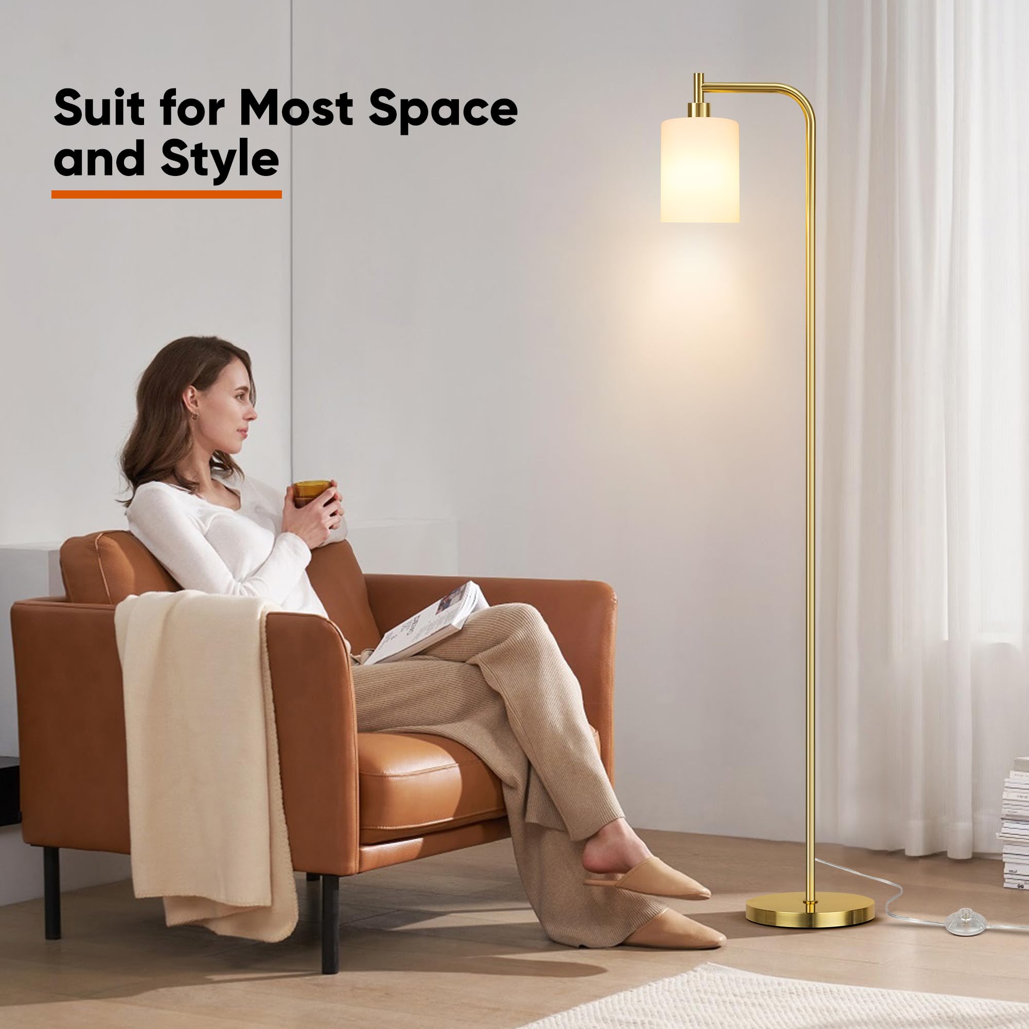Qimh Floor Lamps For Living Room Bedroom, Gold Modern Lamp With Remote Control & Foot Switch, Industrial Standing Lamp Dimmable
