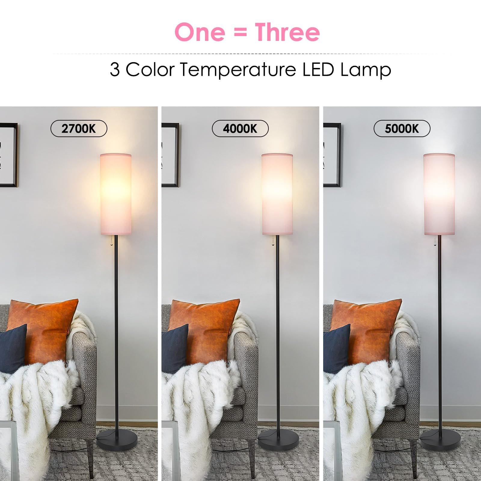 Coucrek Floor Lamp, Modern Standing Lamp, 3 Color Temperatures, Linen, Pink, Model F036-P