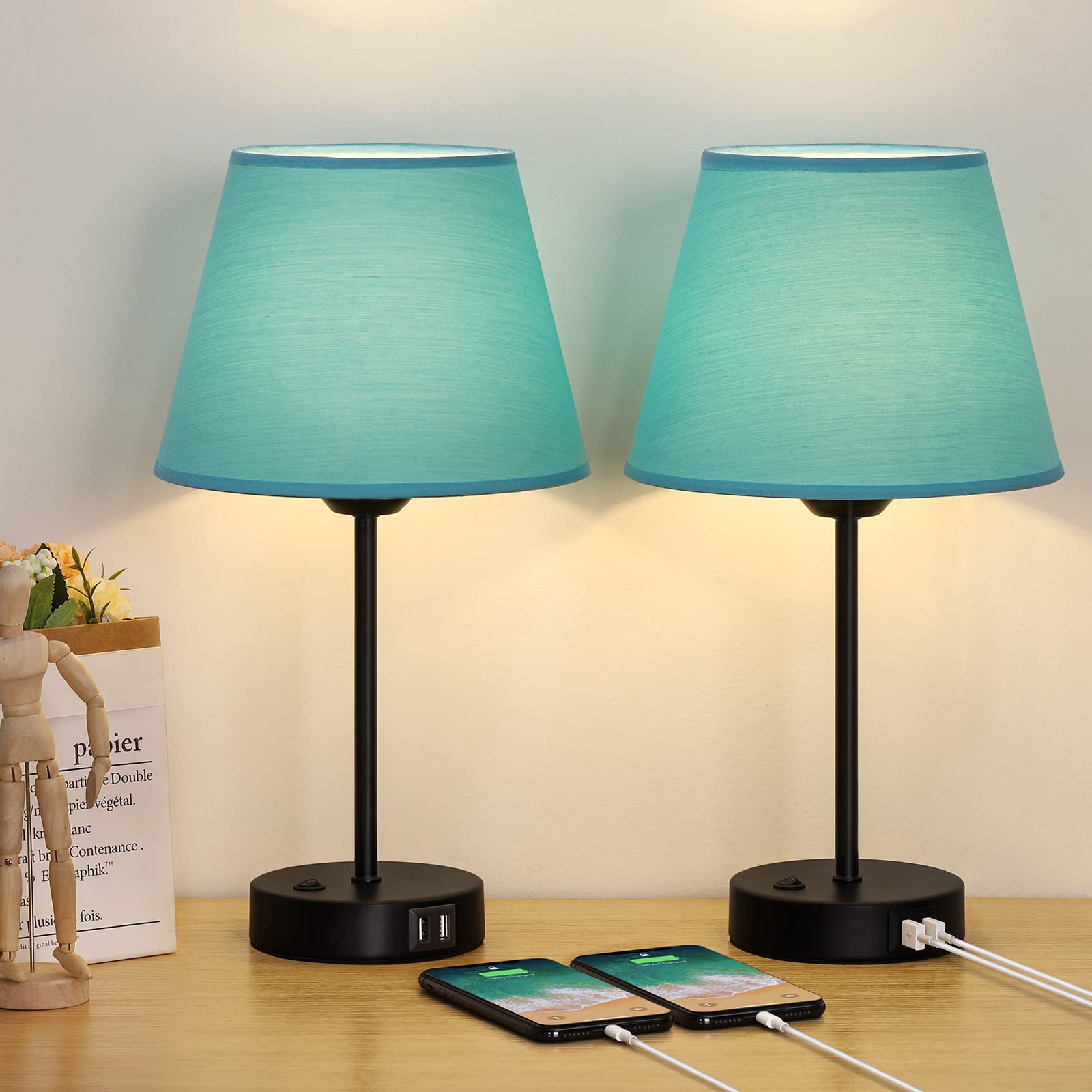 Js Nova Juns Set Of 2 Table Lamps With Usb Ports, Bedside Nightstand Lamps With Blue Fabric Shade For Bedroom Living Room Study 
