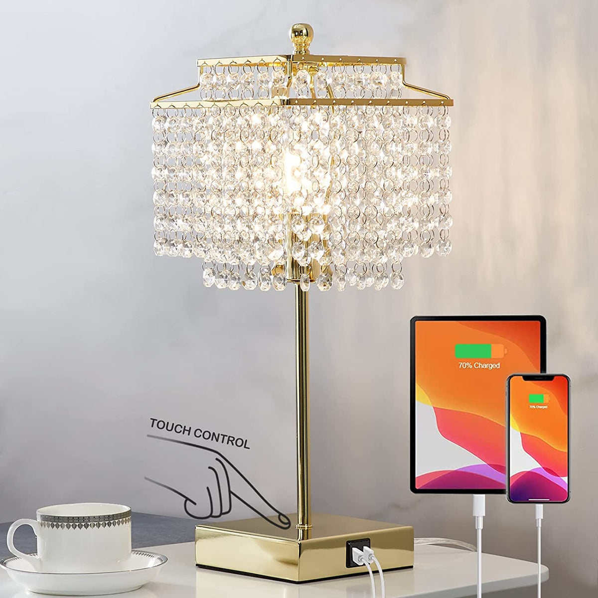Luvkczc Usb Bedside Crystal Table Lamp, Touch Control Crystal Lamp, 3-Way Dimmable Lamp With Crystal Shade For Bedroom, Living R