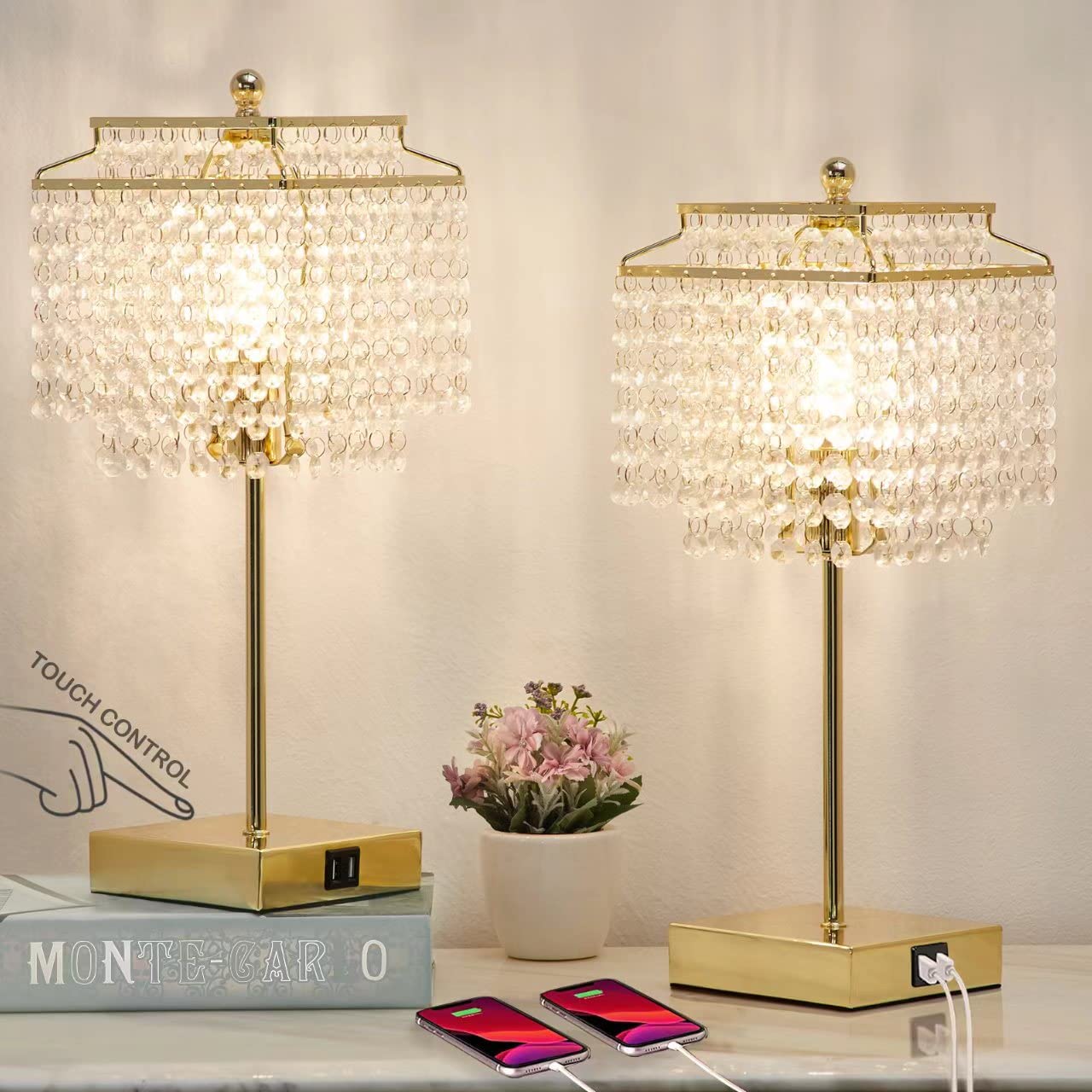 Luvkczc USB Crystal Table Lamp Set of 2, Touch Control, 3-Way Dimmable, Gold, LED Bulb Included