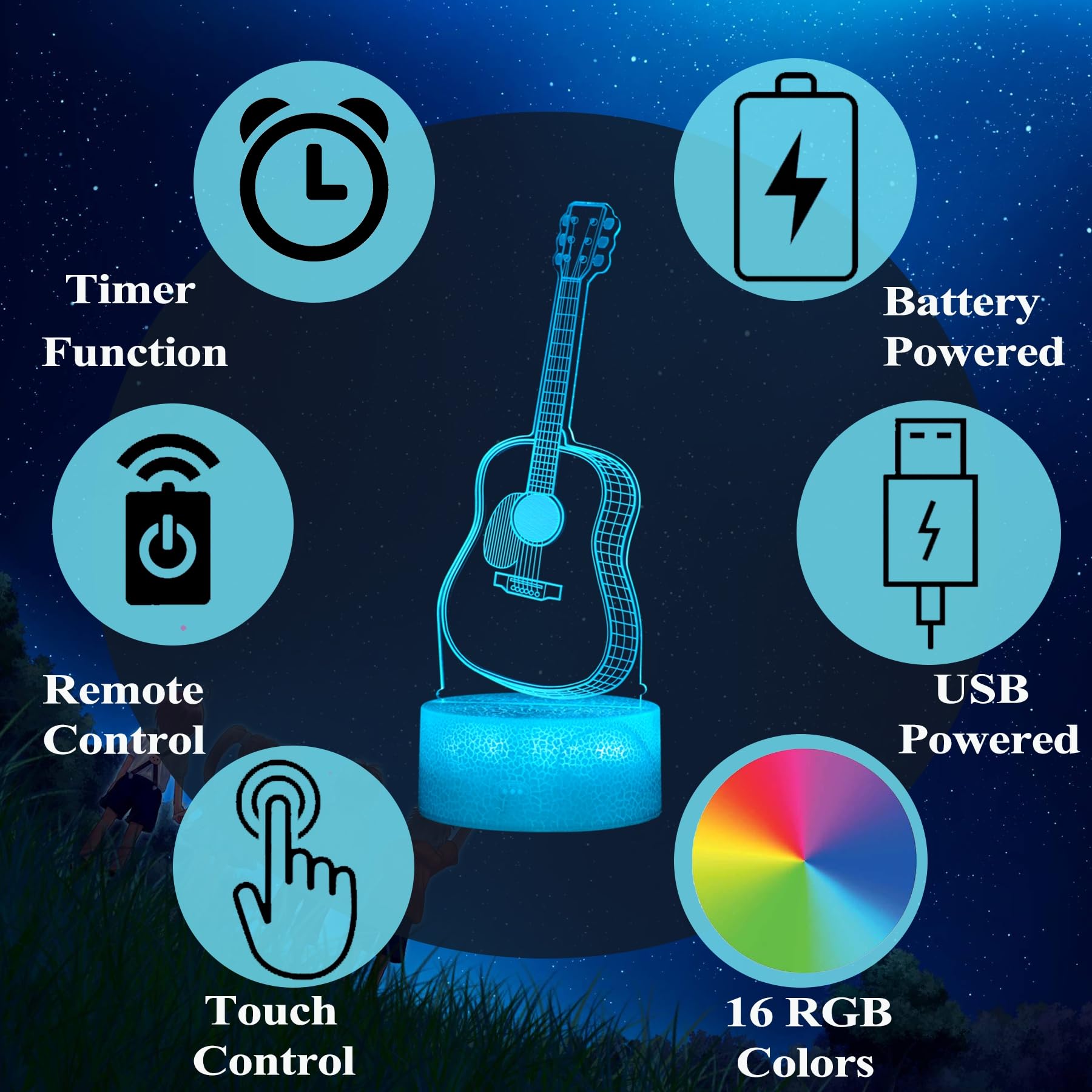 Posshe Guitar Night Light  Guitar Gifts  3D Illusion Night Light With 16 Colors Changing  Remote Control With Timer  Kids Room Decoration For Holiday Birthday Christmas