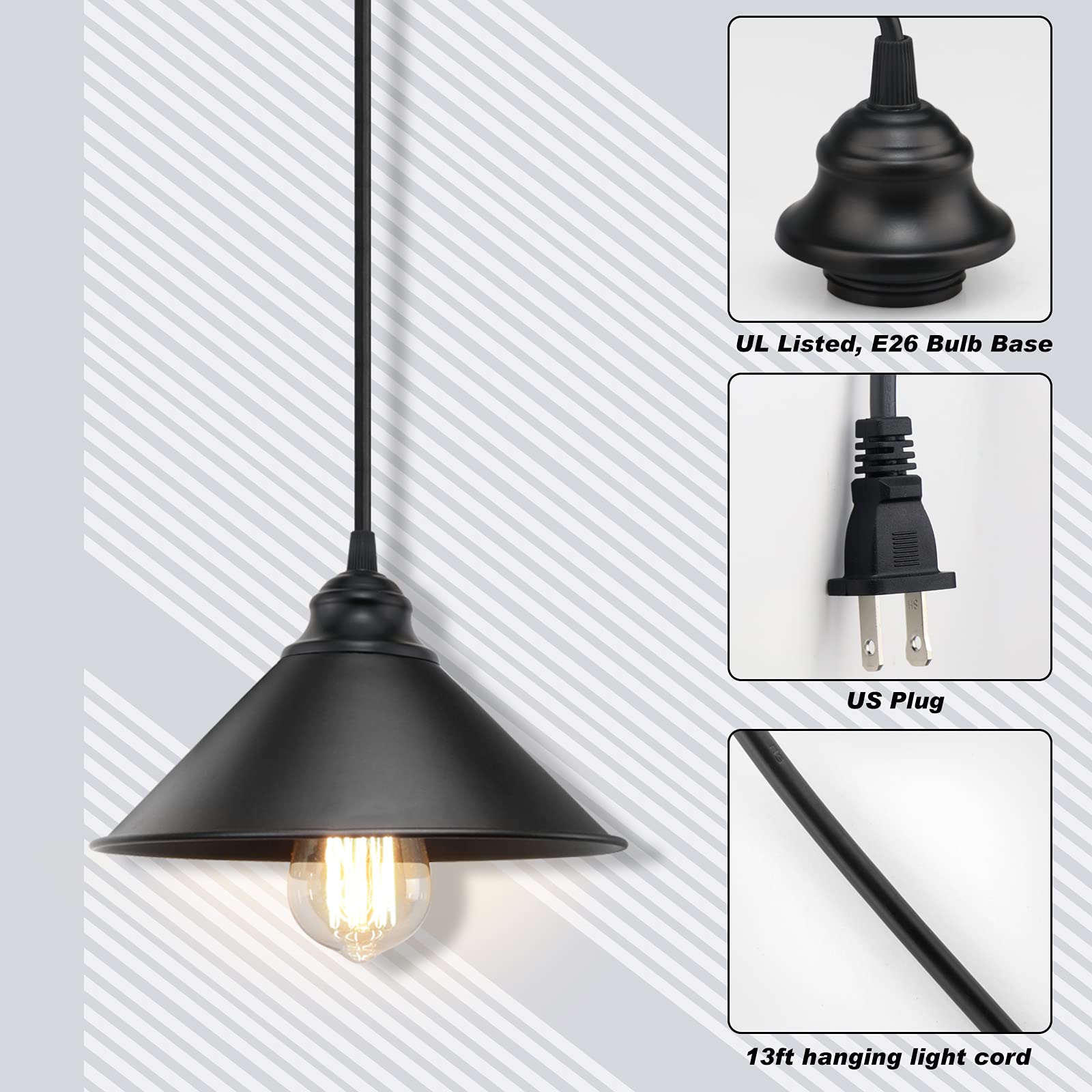Lyoowng Industrial Black Plug-In Pendant Light With On/Off Switch, Vintage Hanging Fixture