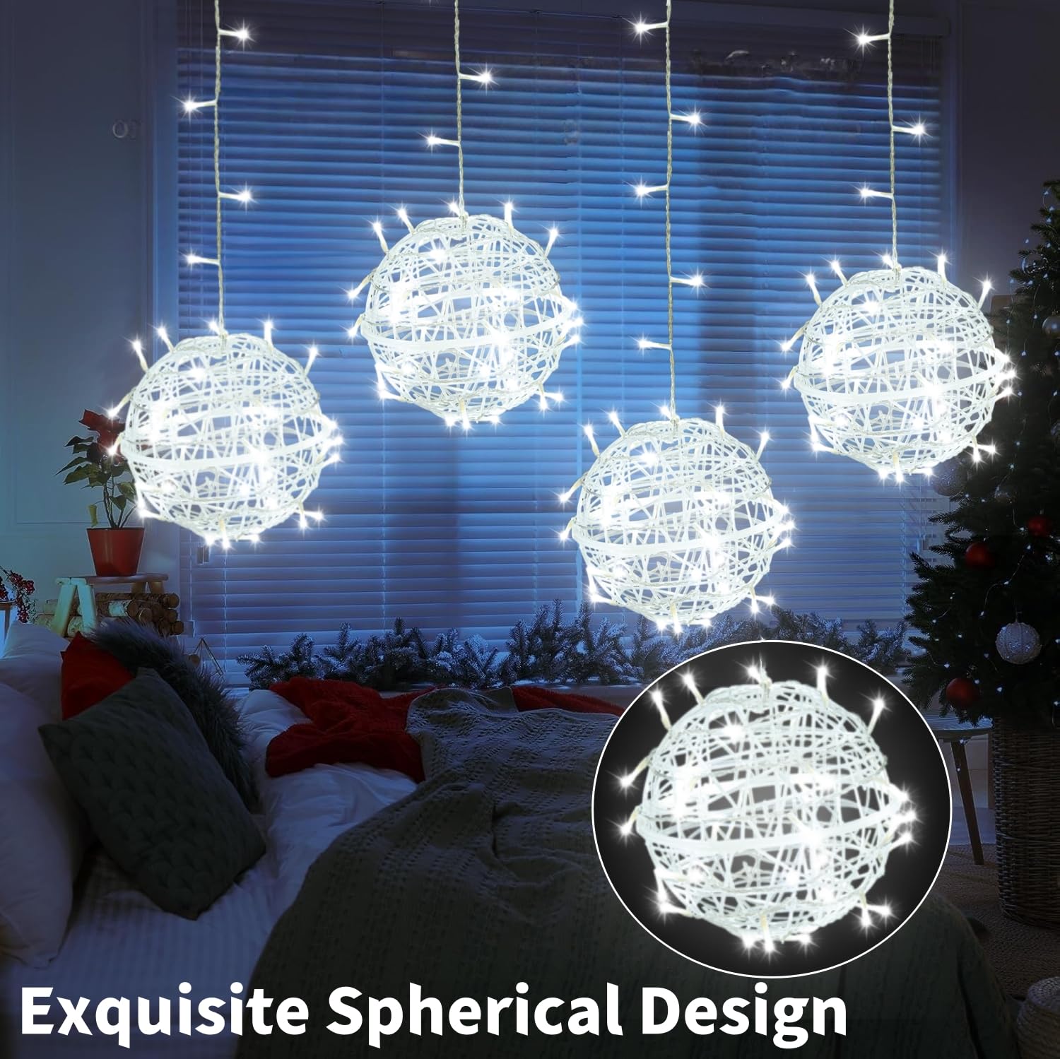 Outdoor Christmas Balls Lights 4 Pack Hanging 11.8&quot; Led Garden Sphere Tree Lights 8 Modes Waterproof String Lights With Memory Timer Plug For Party Yard Porch Eave Patio Home Decoration-Cool White