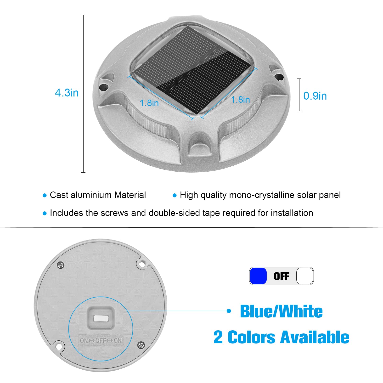 VOLISUN Solar Driveway Lights 20 Pack, Waterproof LED Deck Lights, Blue/White, Aluminum, Model 21354ZM