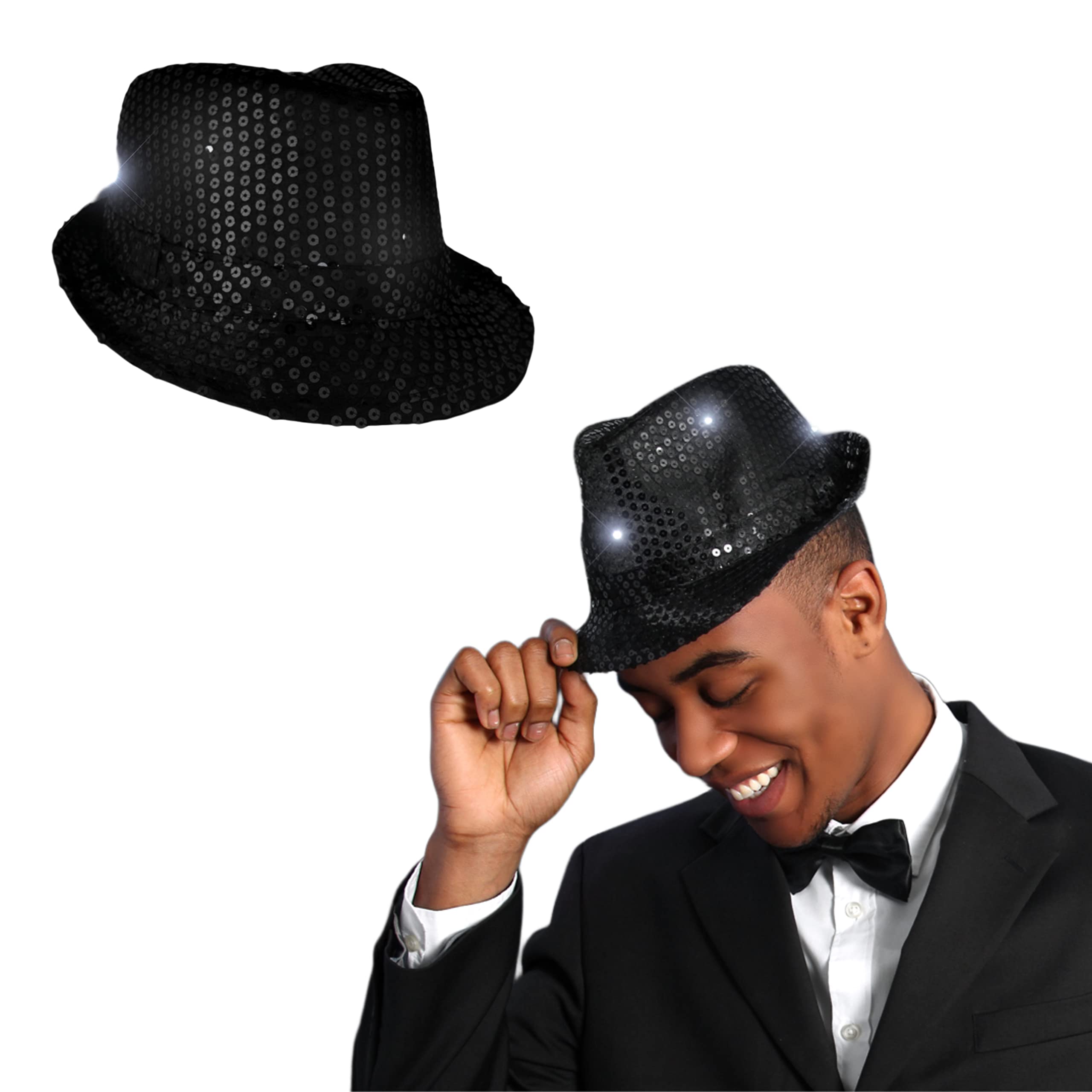 blinkee Light Up Black Fedora Hat, Satin Sequins, Small, Black, Model 3995300