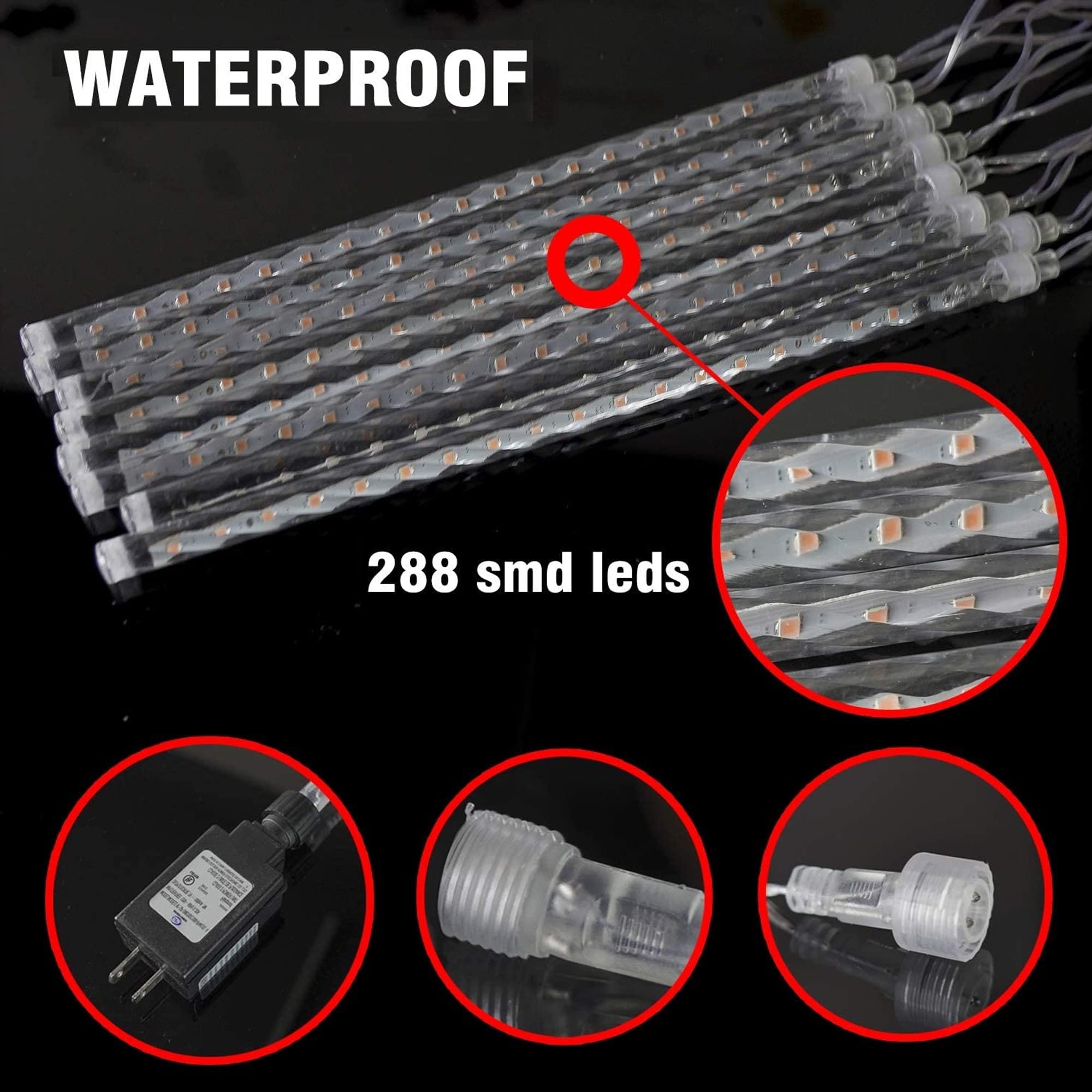 TW SHINE Christmas Meteor Shower Lights, 288 LED, 12" Waterproof Snow Falling Icicle Lights, 3 Pack, White