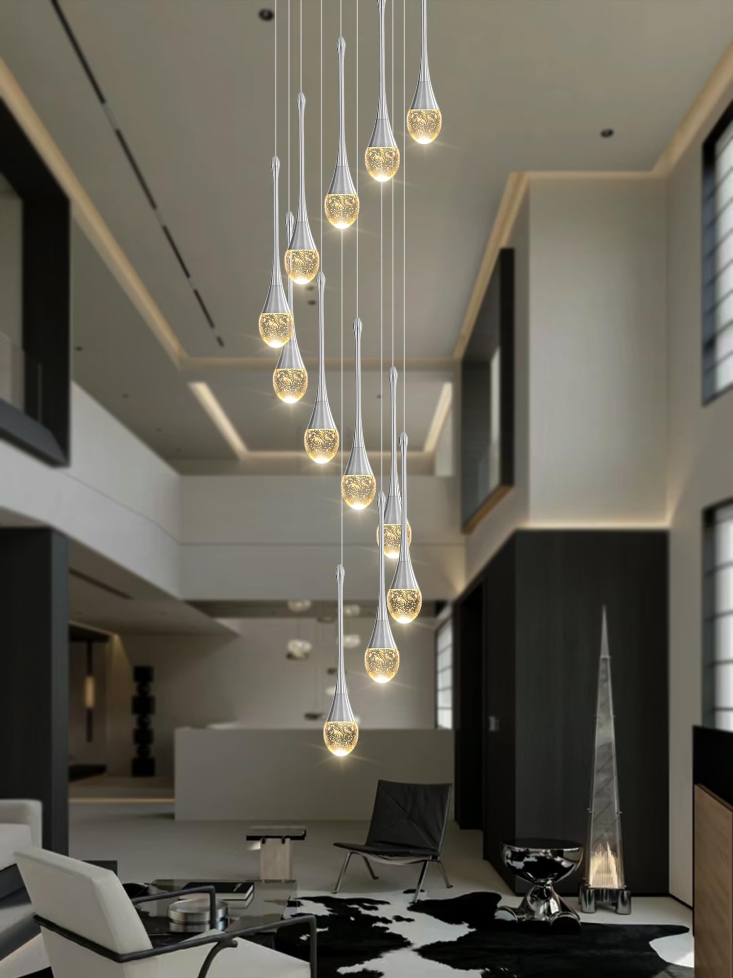 ykolupty Crystal Raindrop Chandelier, 12 Lights, Silver, Model TP0038-12Y, LED Dimmable Lighting for High Ceilings