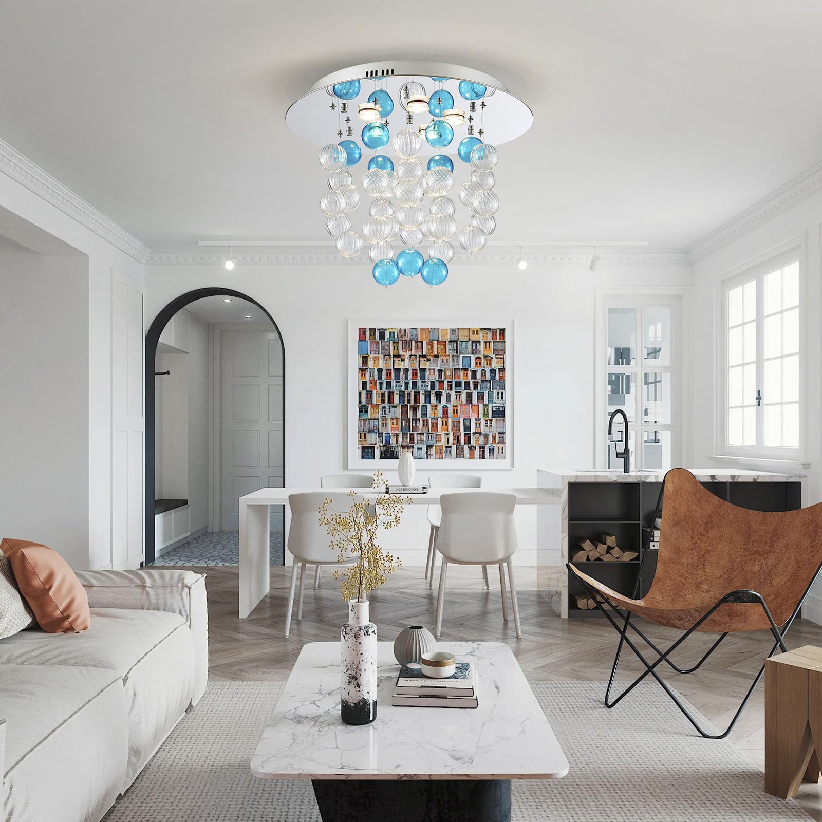 SM Saint Mossi Bubble Chandelier - Modern Blue Ceiling Light, D19 x H17, Glass & Chrome, 5 GU10 Sockets, Clear & Blue Lampshade