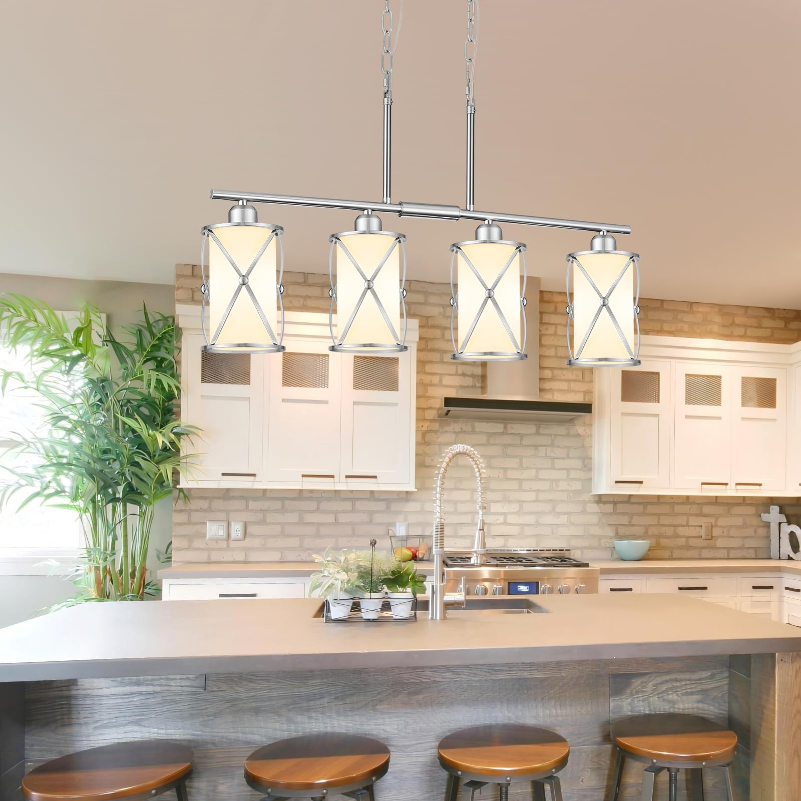 Osimir 4-Light Linear Kitchen Island Pendant Light, Brushed Nickel with Milk Glass, Model CH9176BNW-4IS