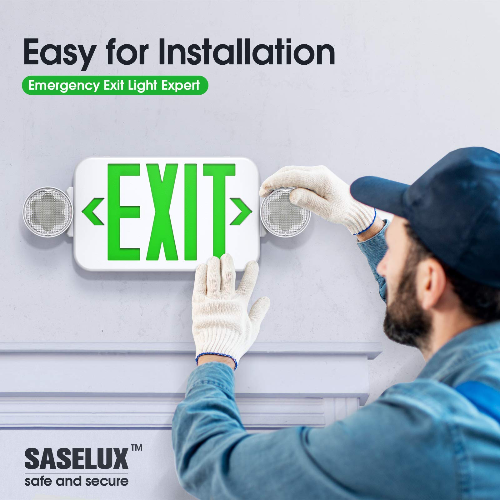 SASELUX Green LED Exit Sign Emergency Light Combo, Double Sided, Battery Backup, Model SL89G08, 1 Pack