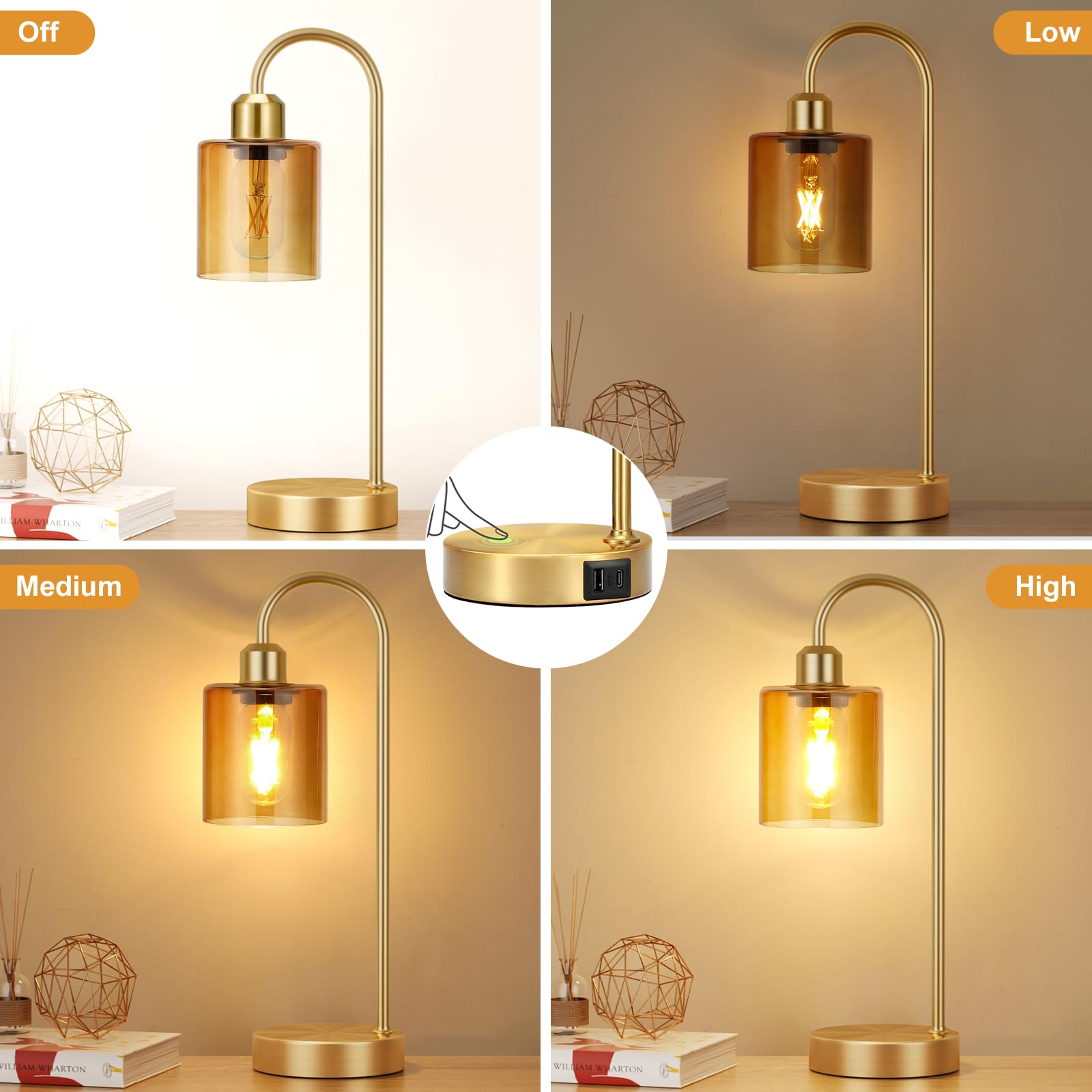 Amber Gold Desk Lamps For Home Office - 3 Way Dimmable Touch Gold Lamp With Usb C+A Ports, Nightstand Lamp With Glass Shade,Bedside Table Lamps For Night Stands, Bedroom,Living Room, Led Bulb Included
