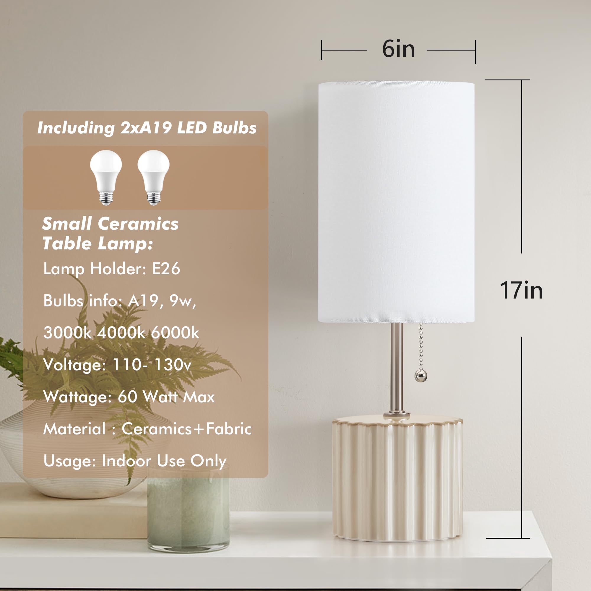 Gyrovu White Ceramic Table Lamps Set Of 2, Bedside Nightstand Lamps With 3-Color Temperature Ceramic Lamp Pull Chain, Small Desk