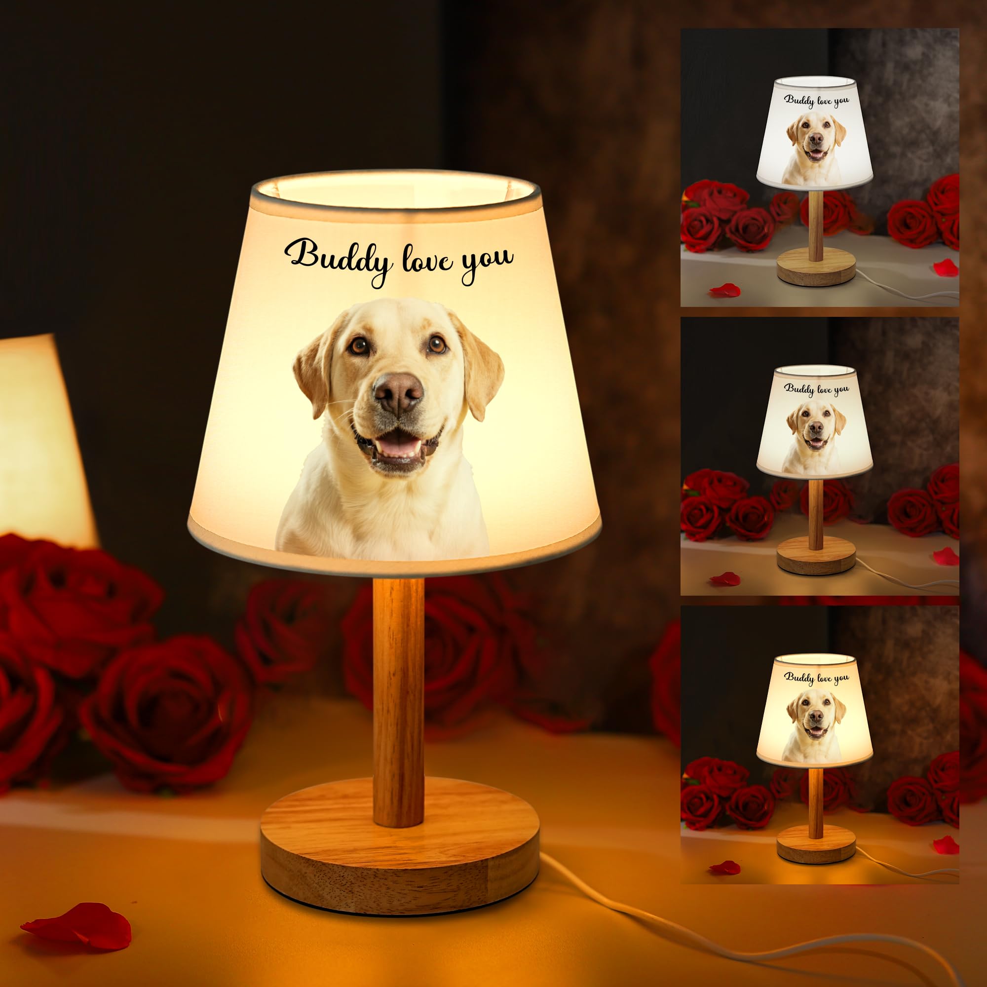 hibeauti Custom Photo Text Table Lamp, Dimmable 3 Color Lamp with Wooden Base, Gifts for Women Dog Mom Girlfriend Friend Birthda