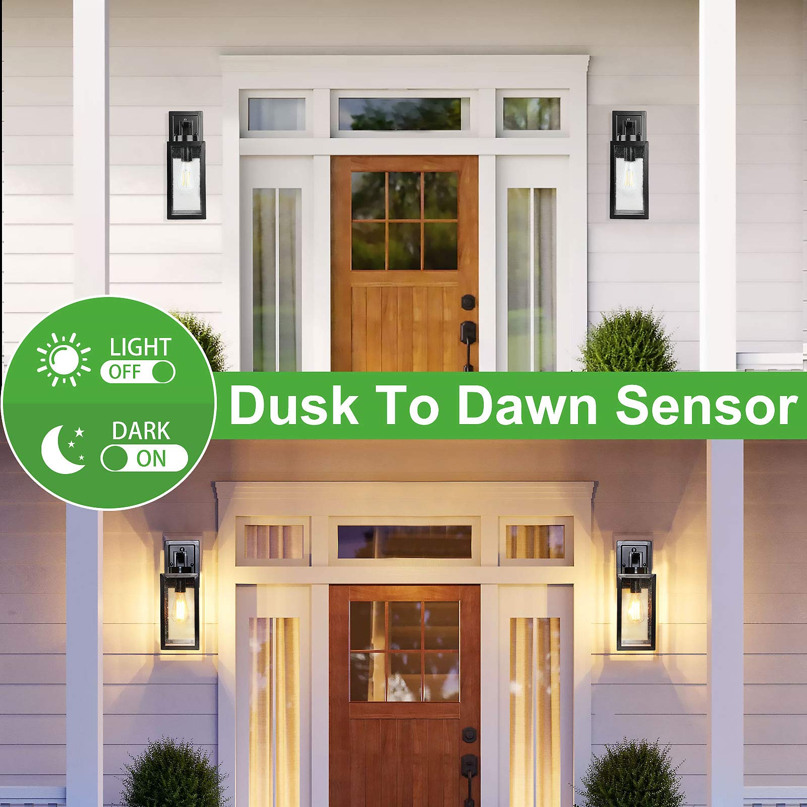 VerRon Outdoor Wall Lanterns, 2 Packs, Dusk to Dawn Sensor, 100% Waterproof, Matte Black, Aluminum, Model B04005PP(2PK)