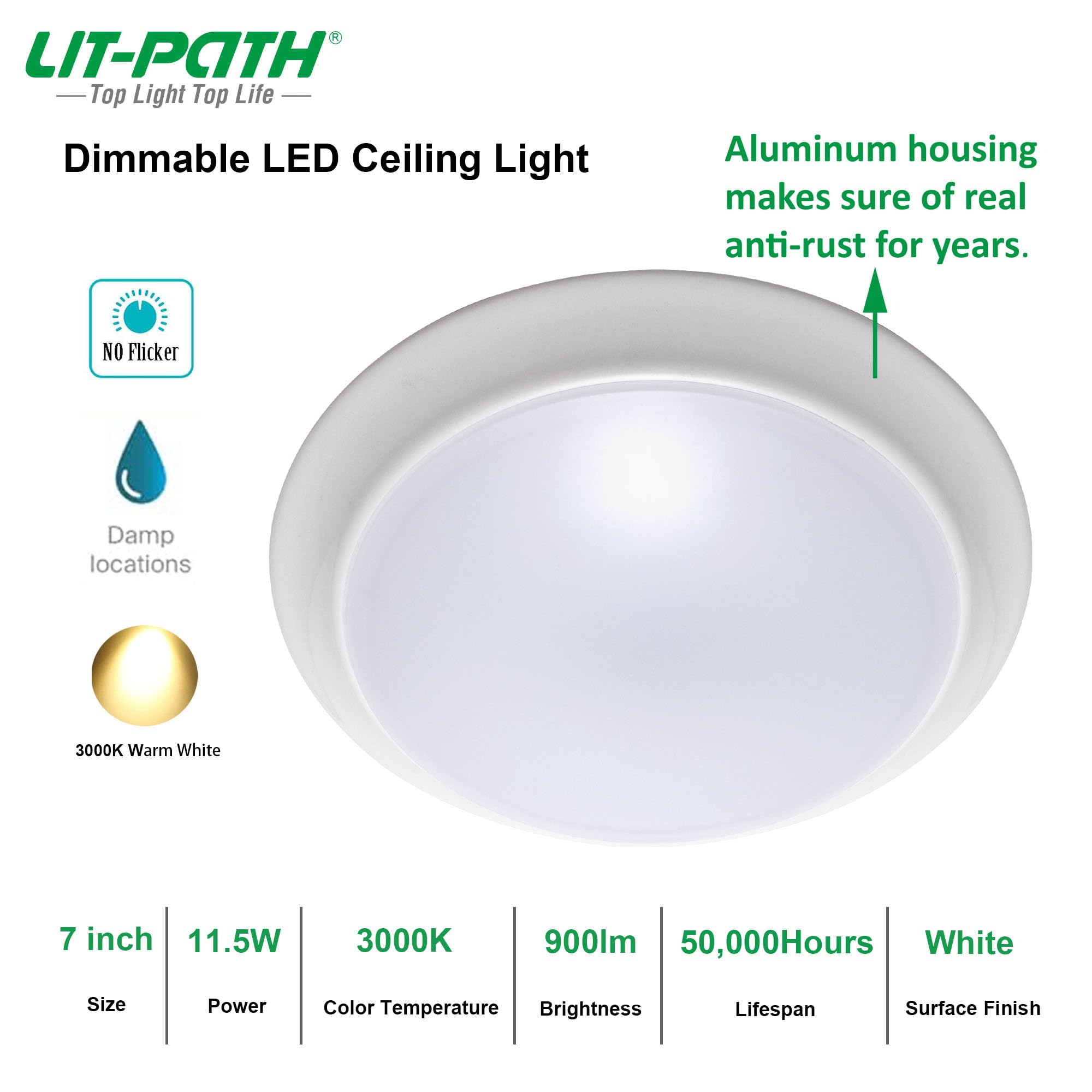 LIT-PaTH LED Flush Mount Ceiling Light, Dimmable, 11.5W, 900 Lumen, 3000K, Aluminum, 2-Pack
