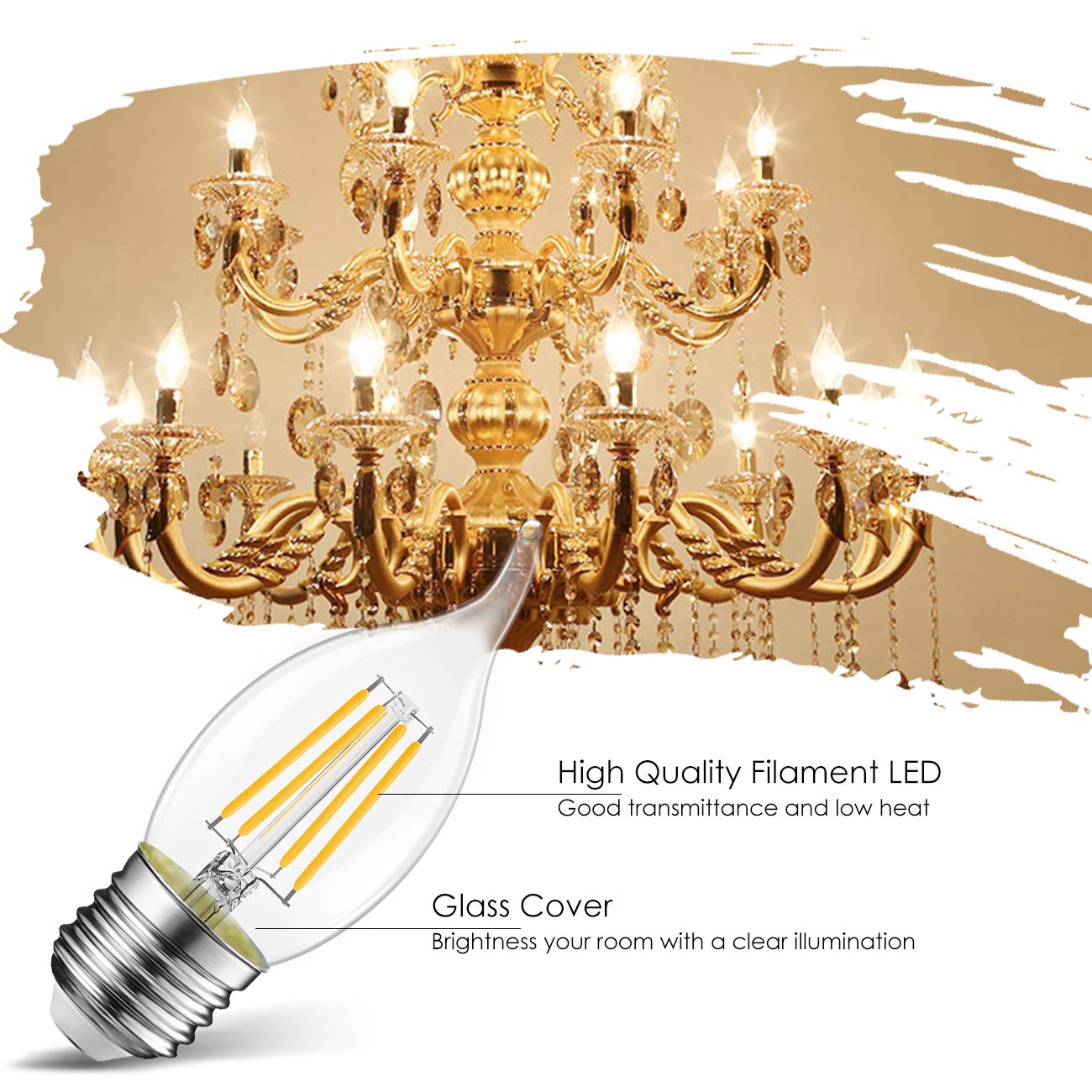 Lvwit Flame Tip Led Filament Bulb Candelabra E26 Base Dimmable 4.5W (60W Equivalent) B11 Chandelier Candle Light Bulb
