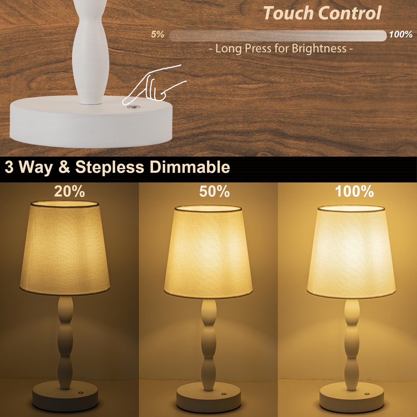 CASTLELIFE Portable Cordless Table Lamp, Rechargeable, 3-Level Brightness, Metal, White, Model CL8433-BS