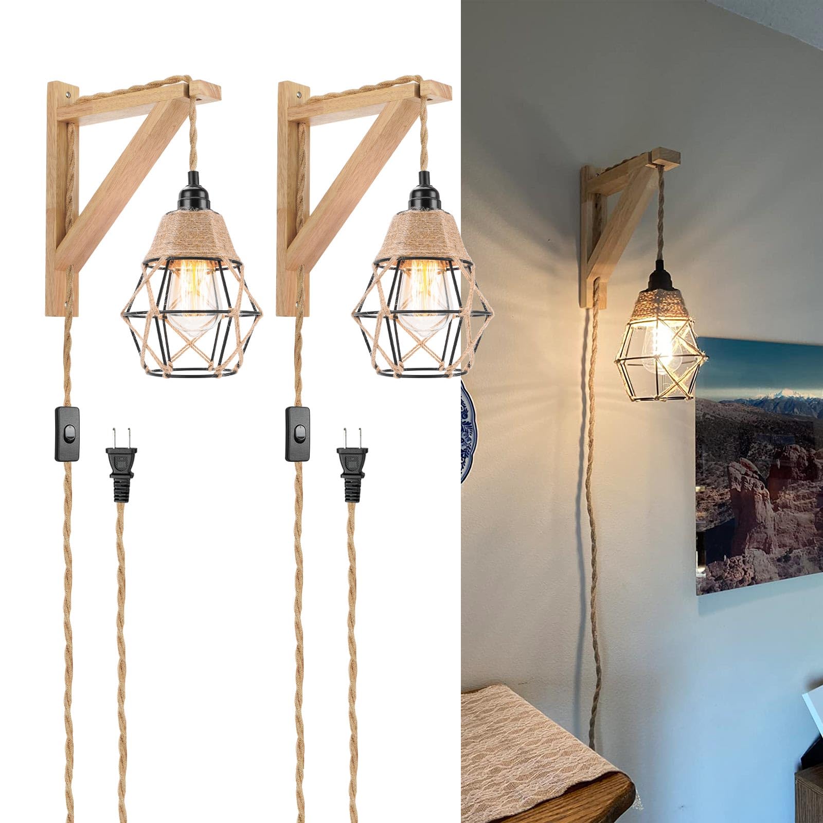 FRIDEKO HOME Wood Wall Sconces Set of Two, Rustic Indoor Lighting, 8.21FT Cord, Orange, Model L03039-12-US-2PCS