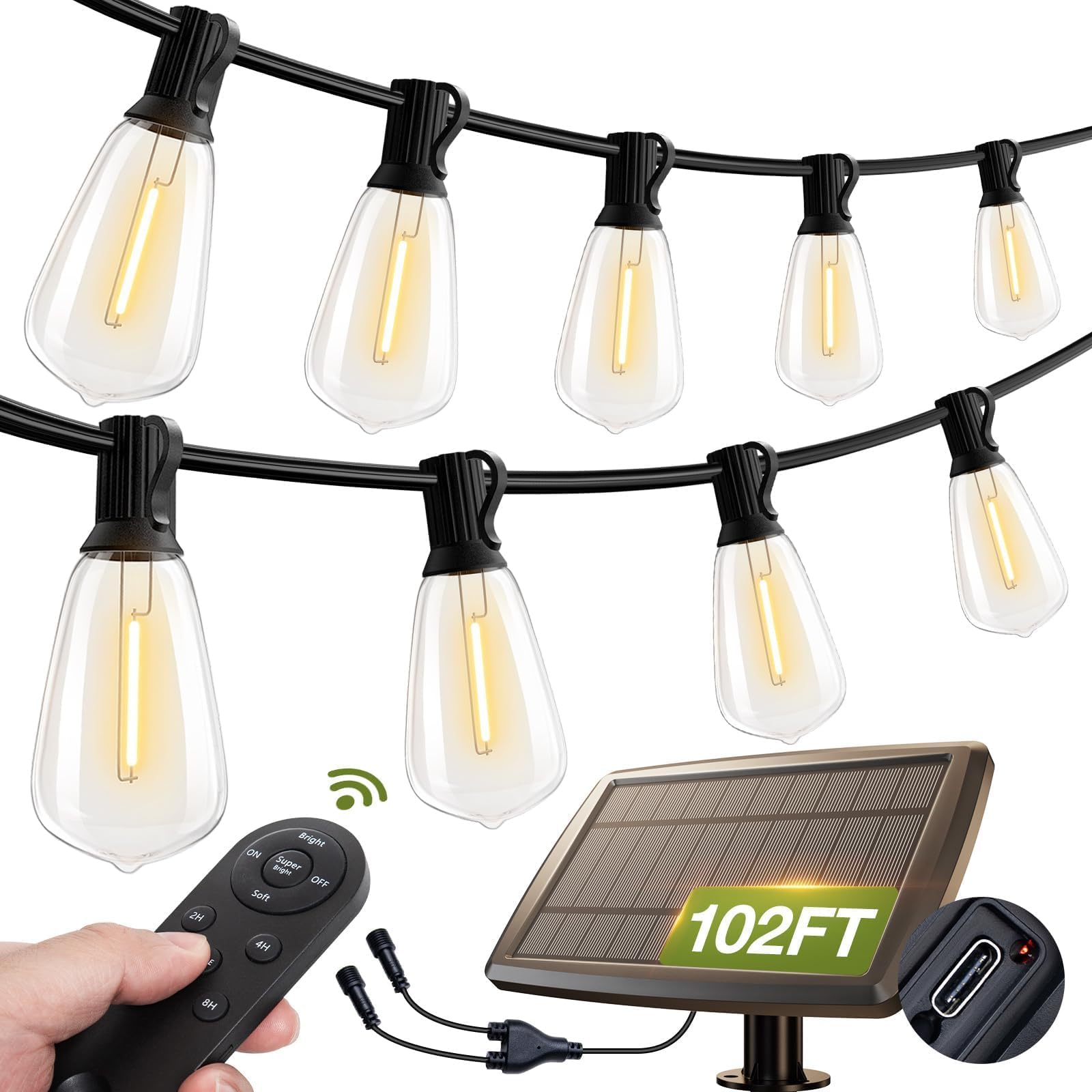 Addlon 102(96+6) Ft Solar String Lights Waterproof,Patio Lights Solar Powered With Remote & Usb Port 3 Lighting Modes 30+2 Led S