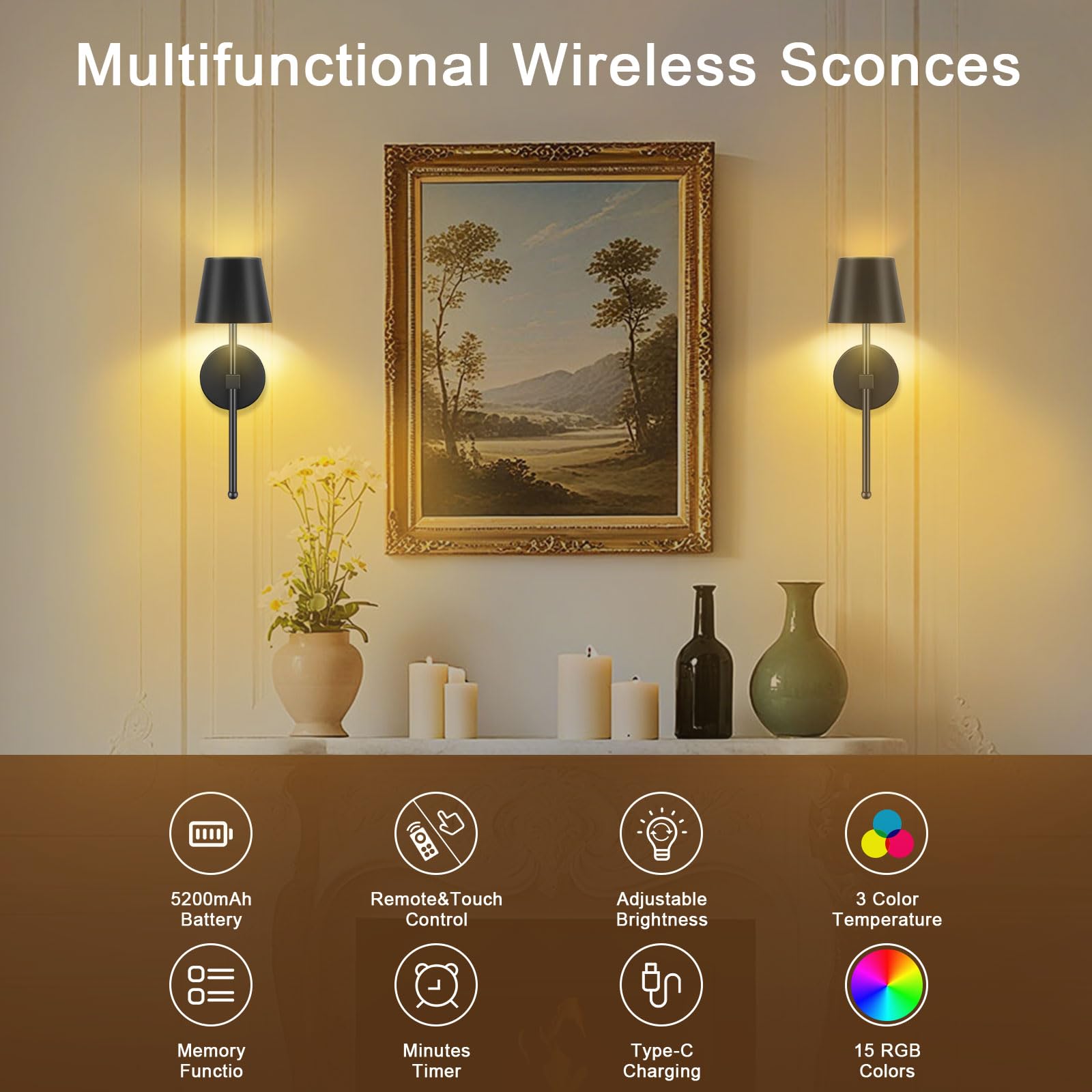 LIGHTESS Battery Operated Wall Lights, 5200mAh Rechargeable Wall Sconces Set of Two with Remote Control, 15 Colors RGB Indoor Di
