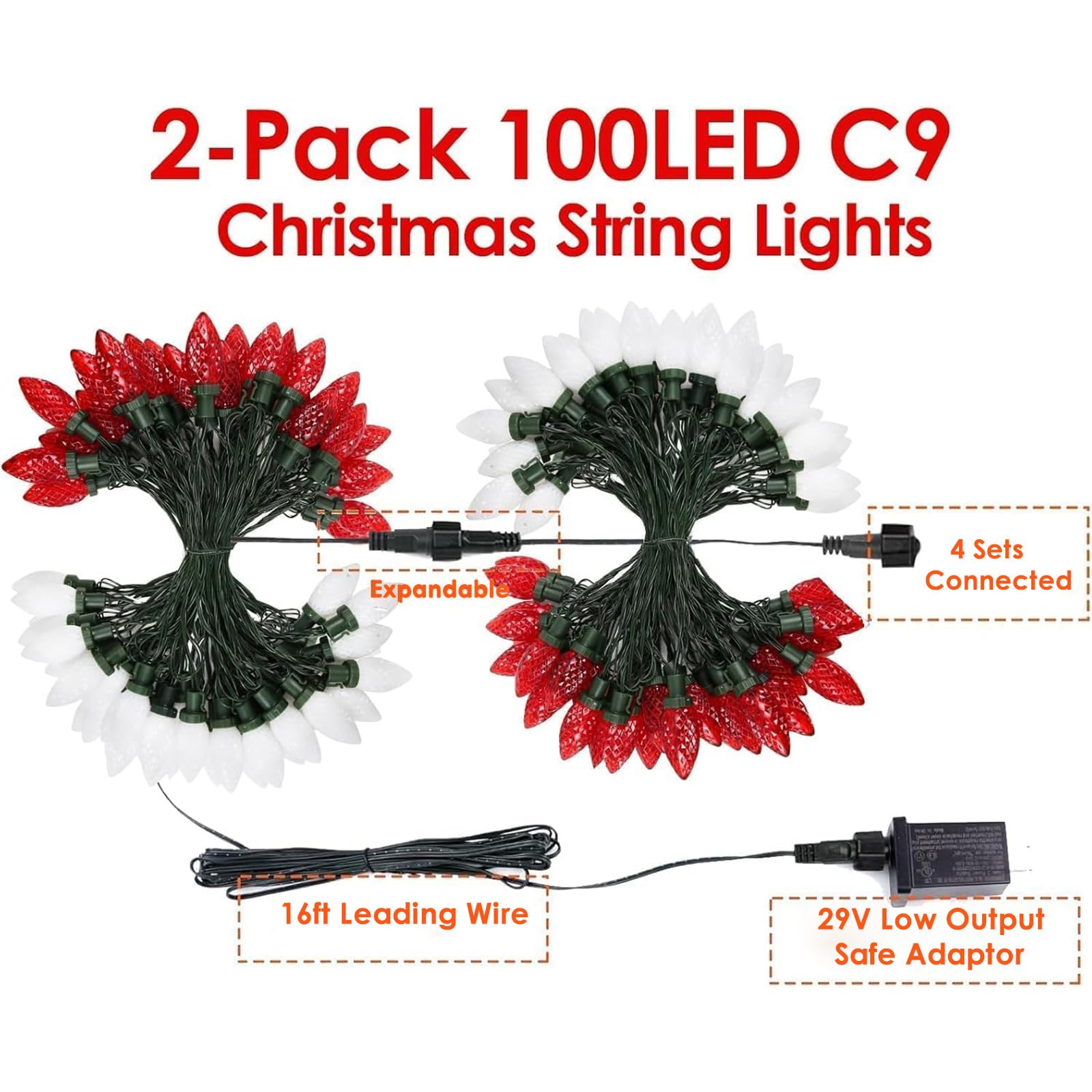YIQU C9 Christmas String Lights, 100LED Waterproof, 2 Pack, Red and White, Model MLS-D29V3.6WUD-O, for Indoor Outdoor Decoration