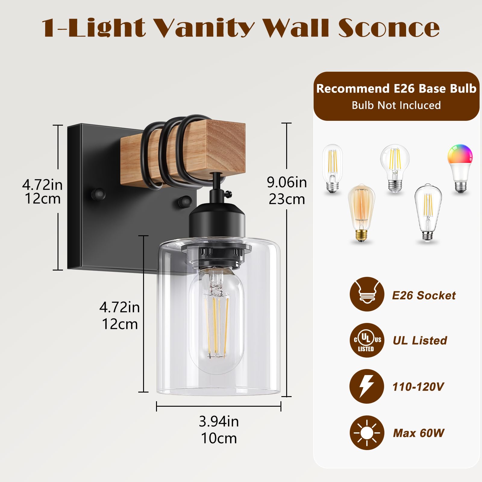 Licperron 1-Light Wall Sconce Set of 2, Matte Black Indoor Lighting with Clear Glass Shades for Bathroom, Bedroom, Kitchen