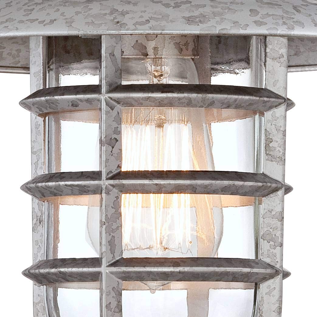 John Timberland Outdoor Wall Light Fixture Set of 2, Hooded Cage, Galvanized Metal, Clear Glass Shade, Silver, Model 886305419316