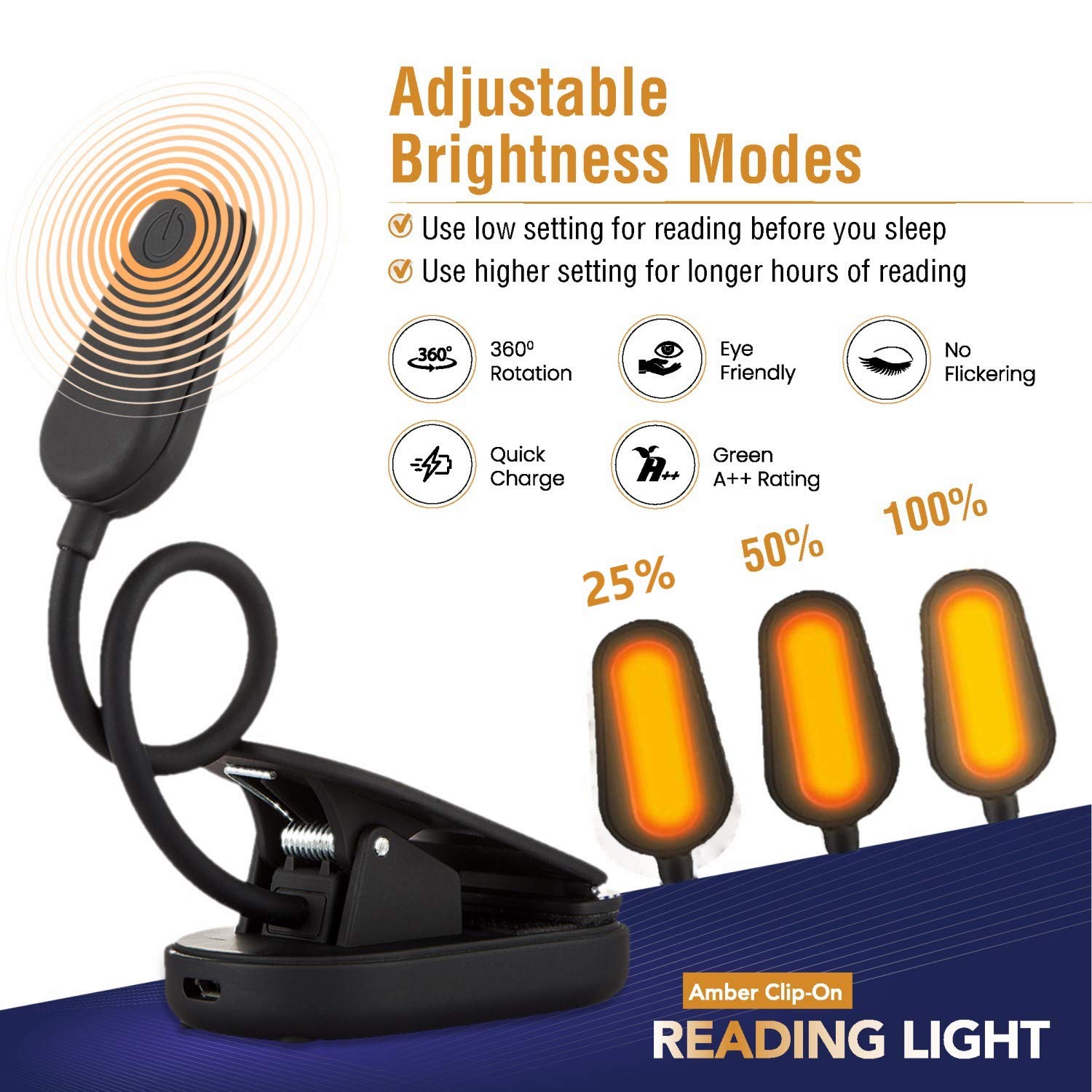 Vyanlight Book Light For Reading In Bed, Amber Color Reading Lamp With 360 Rotating Gooseneck, Rechargeable And Dimmable Warm Gl