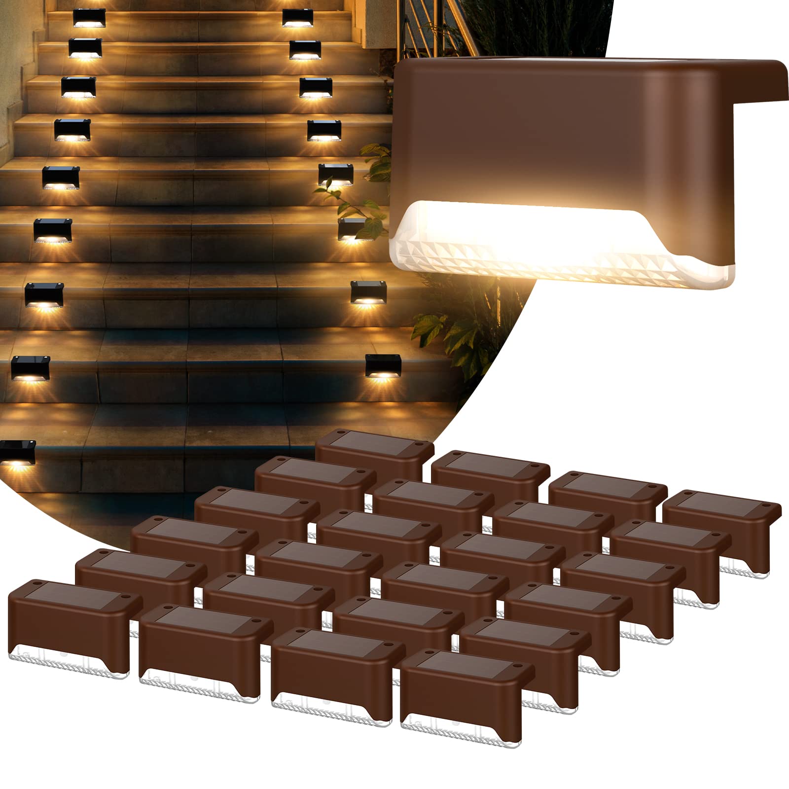 pearlstar Solar Deck Lights, Waterproof LED, 24 Pack, Brown, Model 588 for Stairs, Fence, Yard, Patio, Driveway, Pathway, Garden