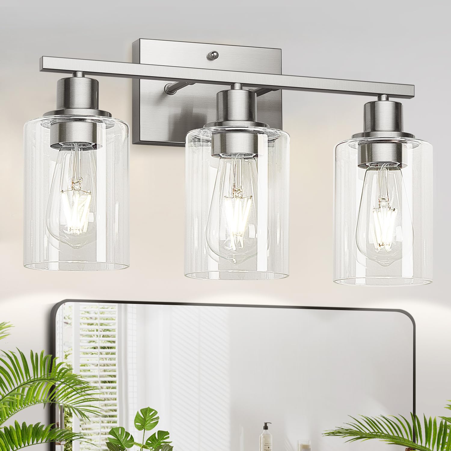 MOKATNG 3-Light Bathroom Light Fixtures  Vanity Light with Clear Glass Shades  Brushed Nickel Bathroom Light Fixtures Over Mirror  Modern Bathroom Wall Lamp for Mirror Living Room Cabinet Bedroom