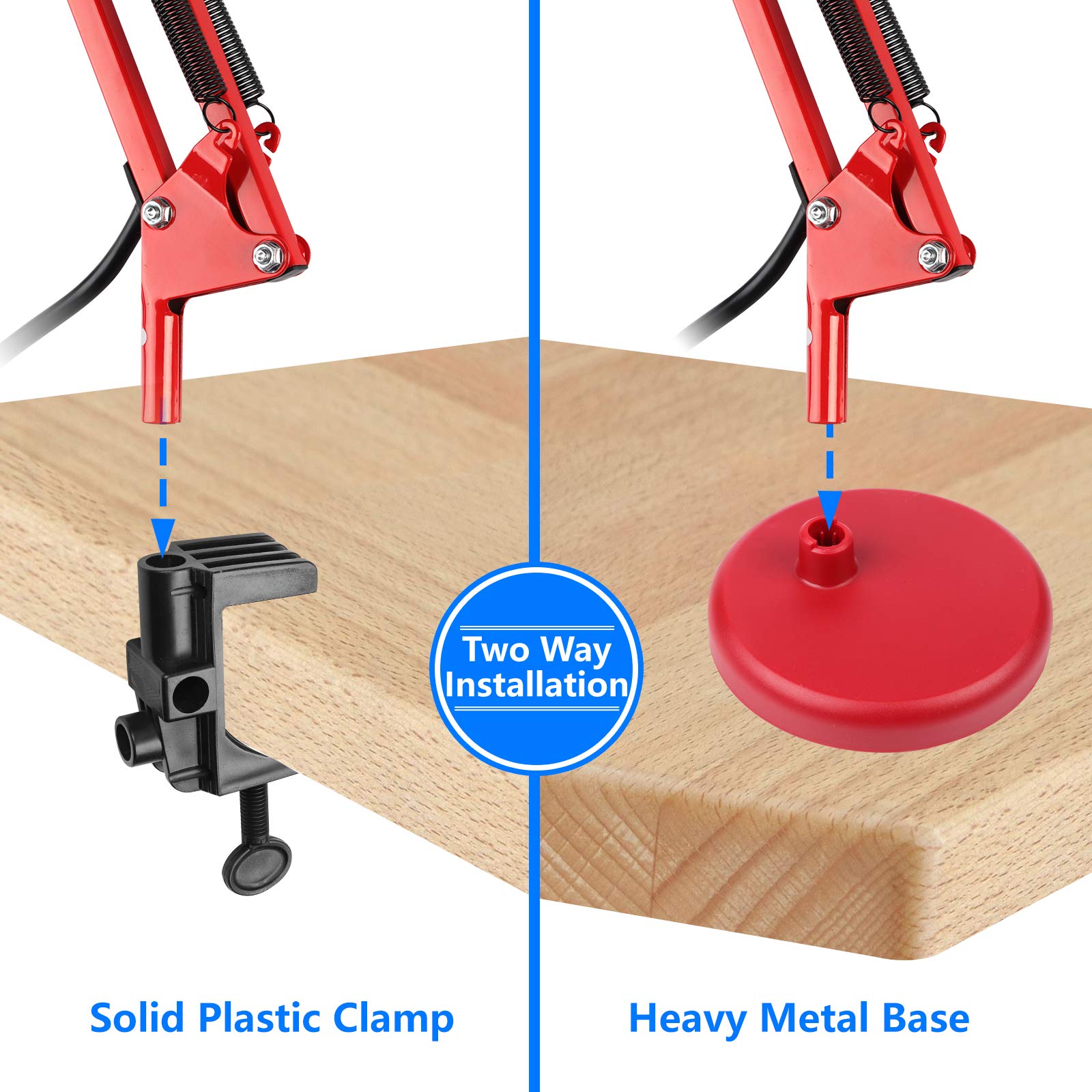 AmeriTop Adjustable Metal Desk Lamp - Goose Neck Swing Arm, Eye-Caring with Interchangeable Base or Clamp, Red