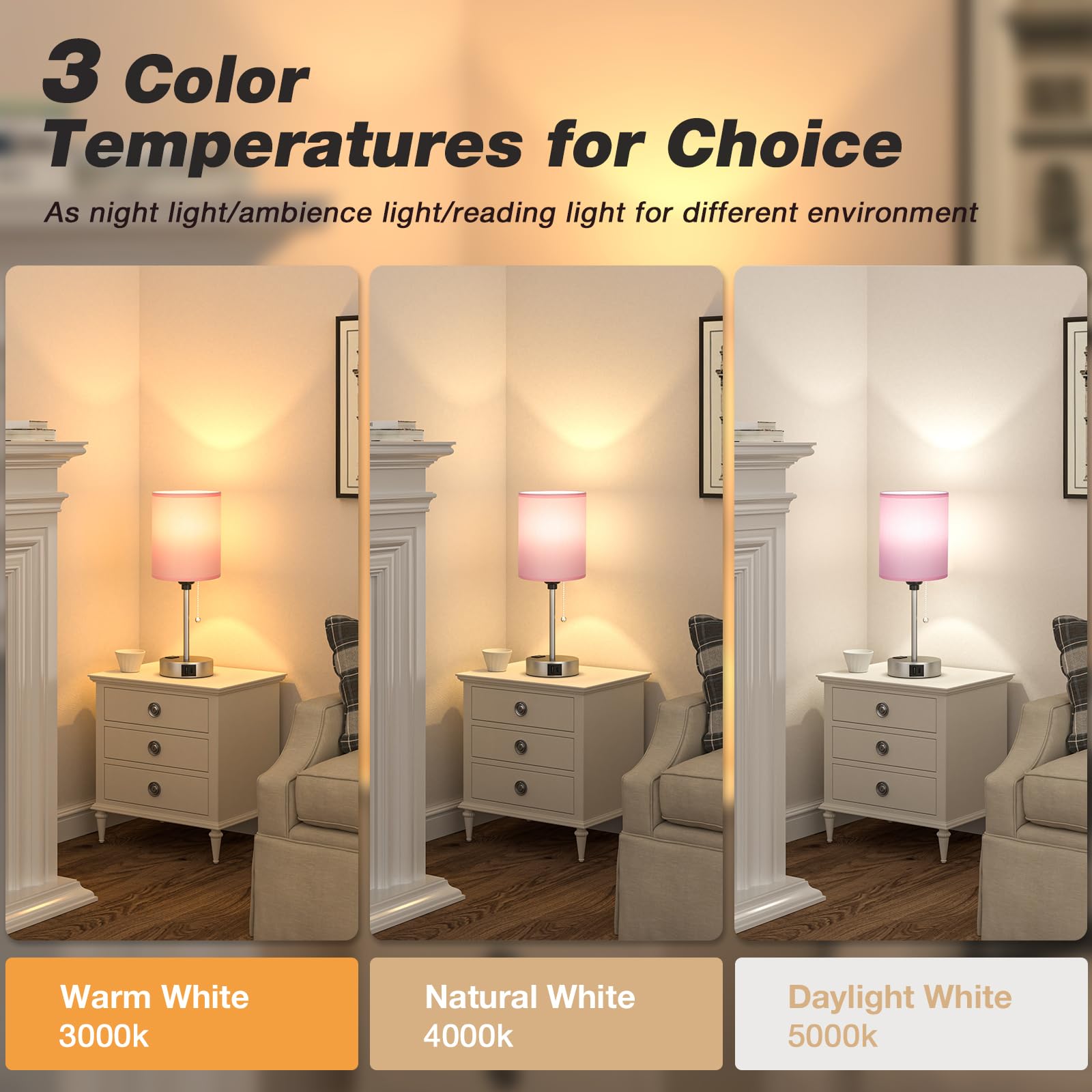 Dicoool Pink Bedroom Lamp - 3 Color Temperatures, USB C & A Ports, 14.6in, Silver Metal Base, Model 15-11
