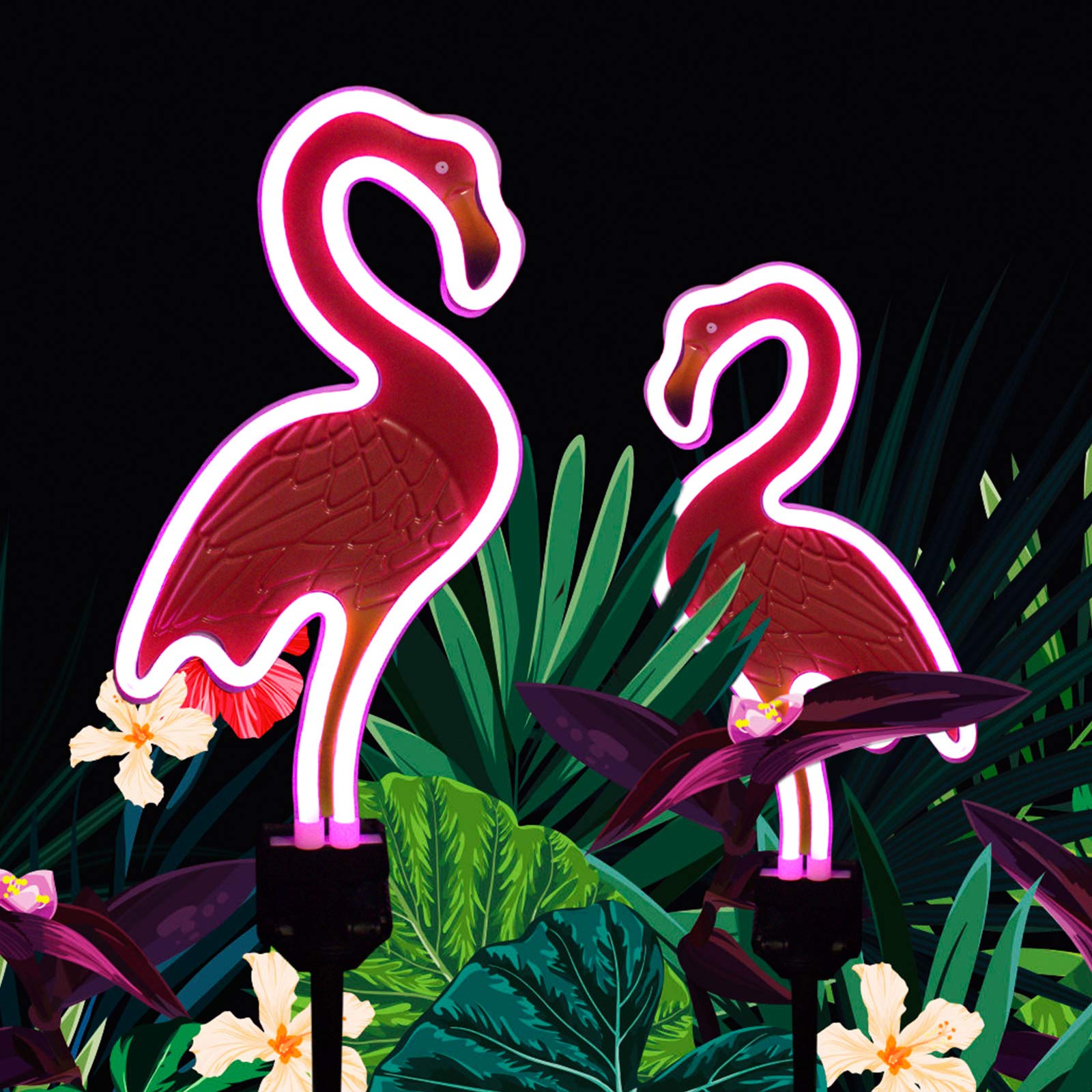 Solar Flamingo Pink Neon Light - 2Pack 42 Inch Metal Garden Stake Lights, Flamingo Gifts For Women Path Lighting For Yard Lawn P