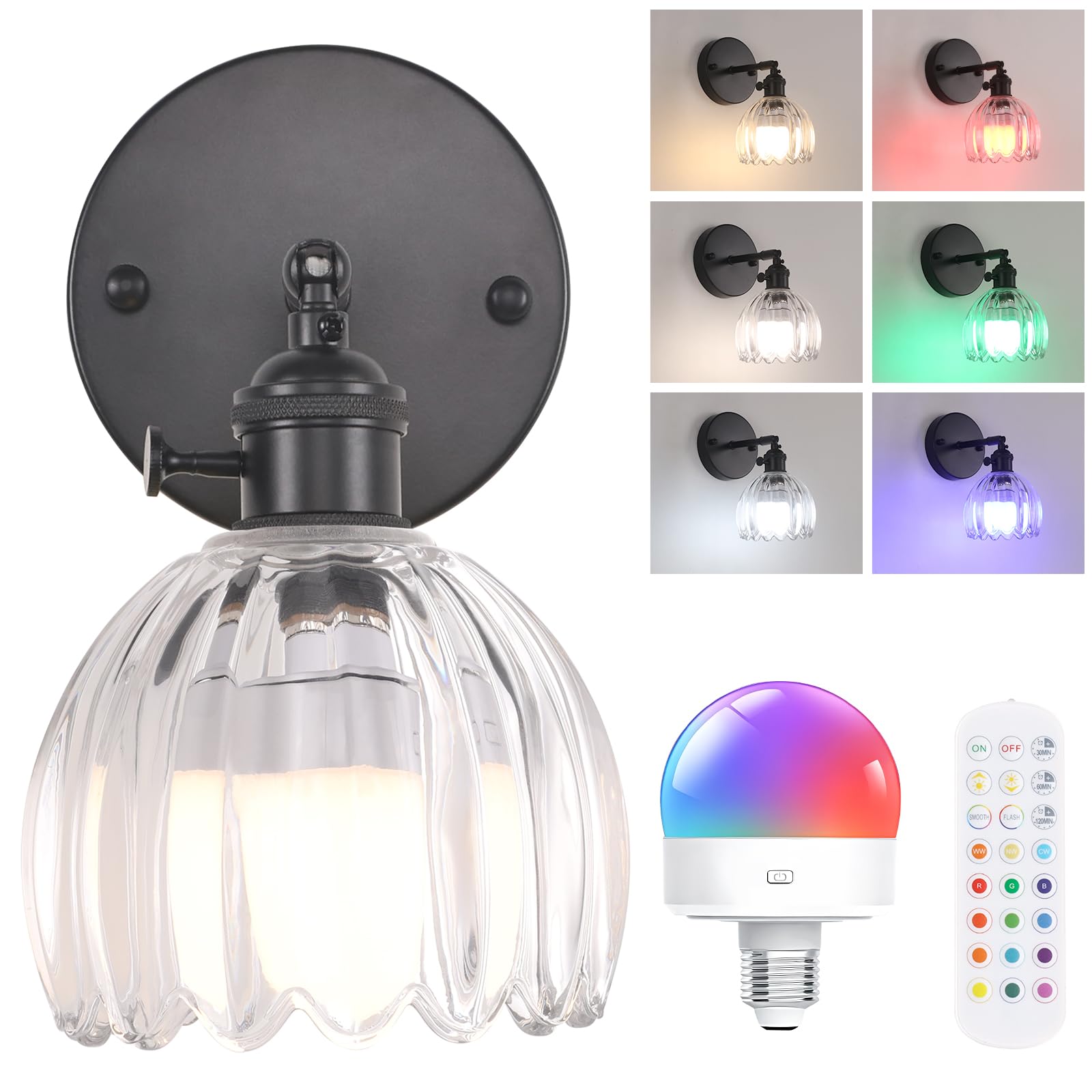 Shenmoyl Vintage Wall Sconce - Battery Operated, Glass Tulip Shade, Remote Control, Black Base, Model 1-93315, 1 Pack