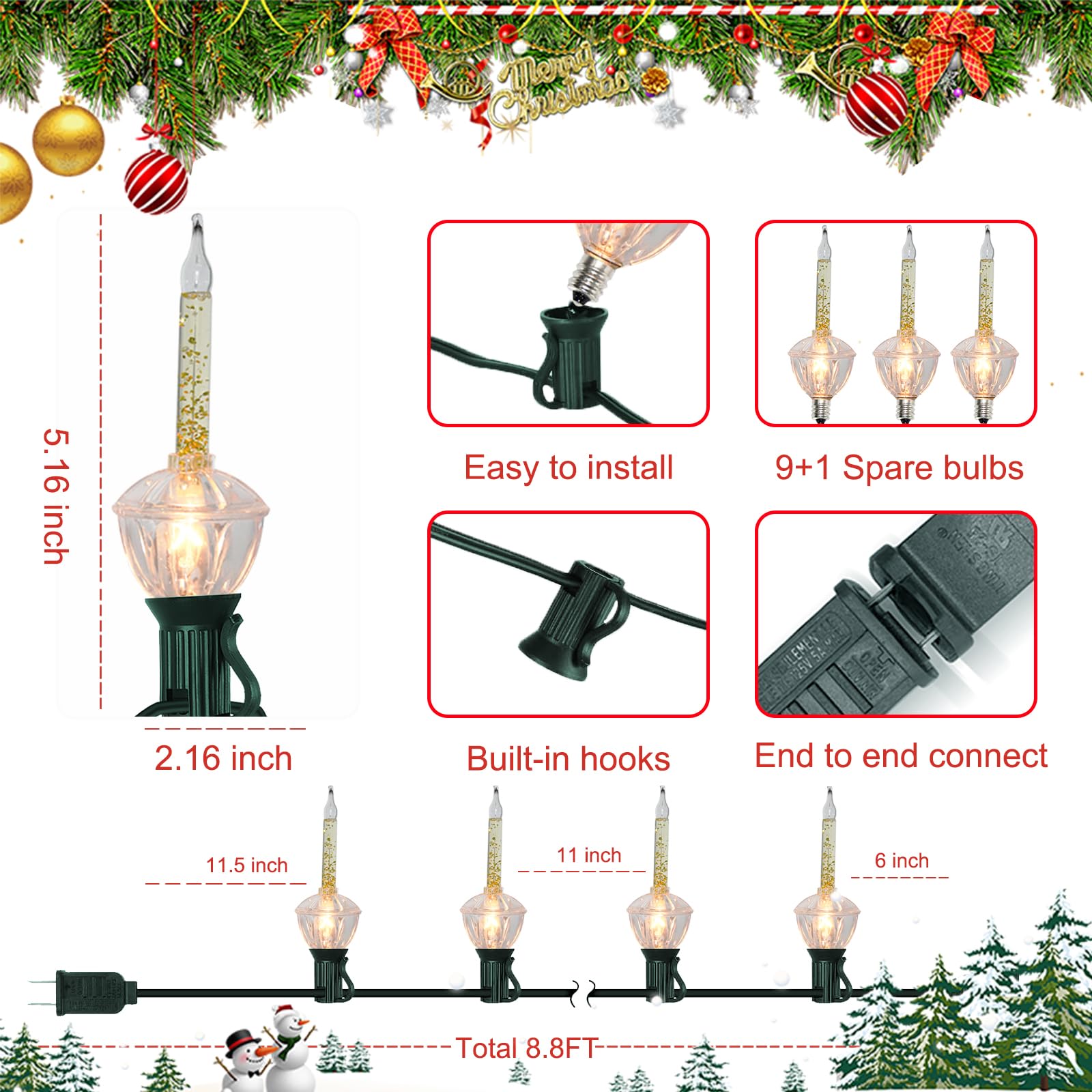 Christmas Bubble String Lights Outdoor 8.8Ft Set of 9 Clear Bubble Fluids with Gold Glitter Bubble Lights, Hanging Vintage Chris