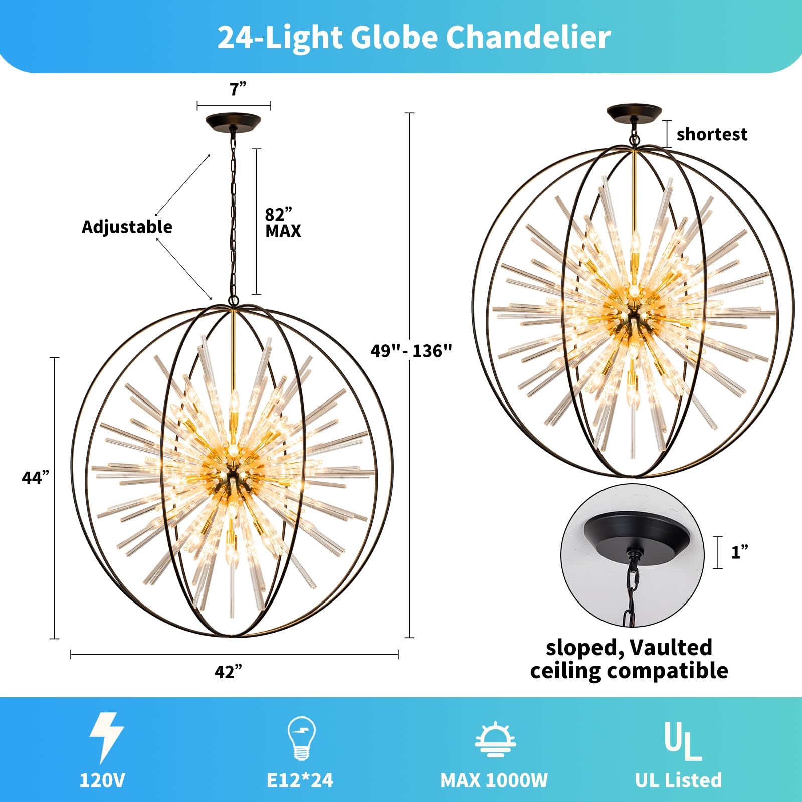 Vezzio 42" Black and Gold 24-Light Globe Chandelier for High Ceilings - Modern Crystal Lighting for Entryway, Foyer, Kitchen, Dining Room