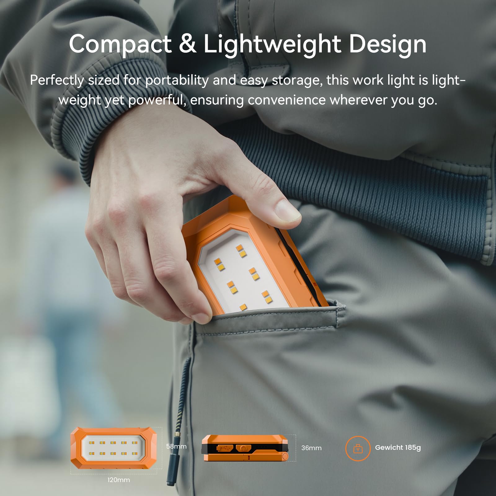 Rechargeable LED Work Light Cordless, 3000K-6500K CCT 500 Lumen, 40Hour Max, Adjustable 180 Stand IP54 Waterproof Compact Portab